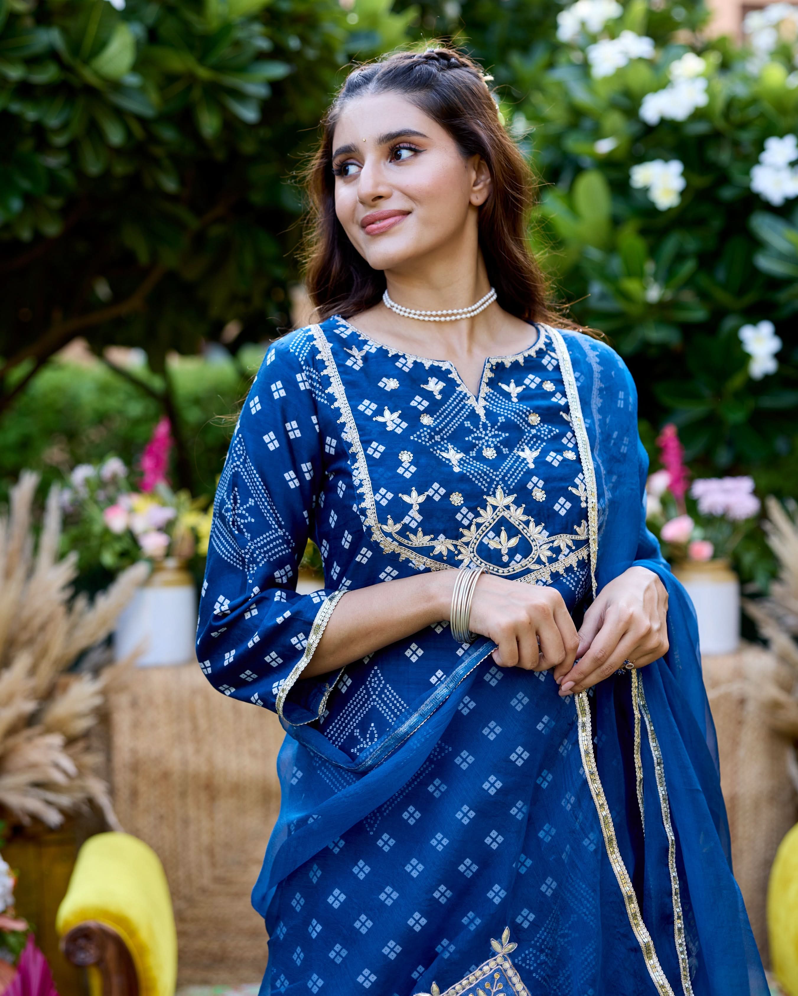 Sargam Blue Bandhani Chanderi Suit Set - Image 2