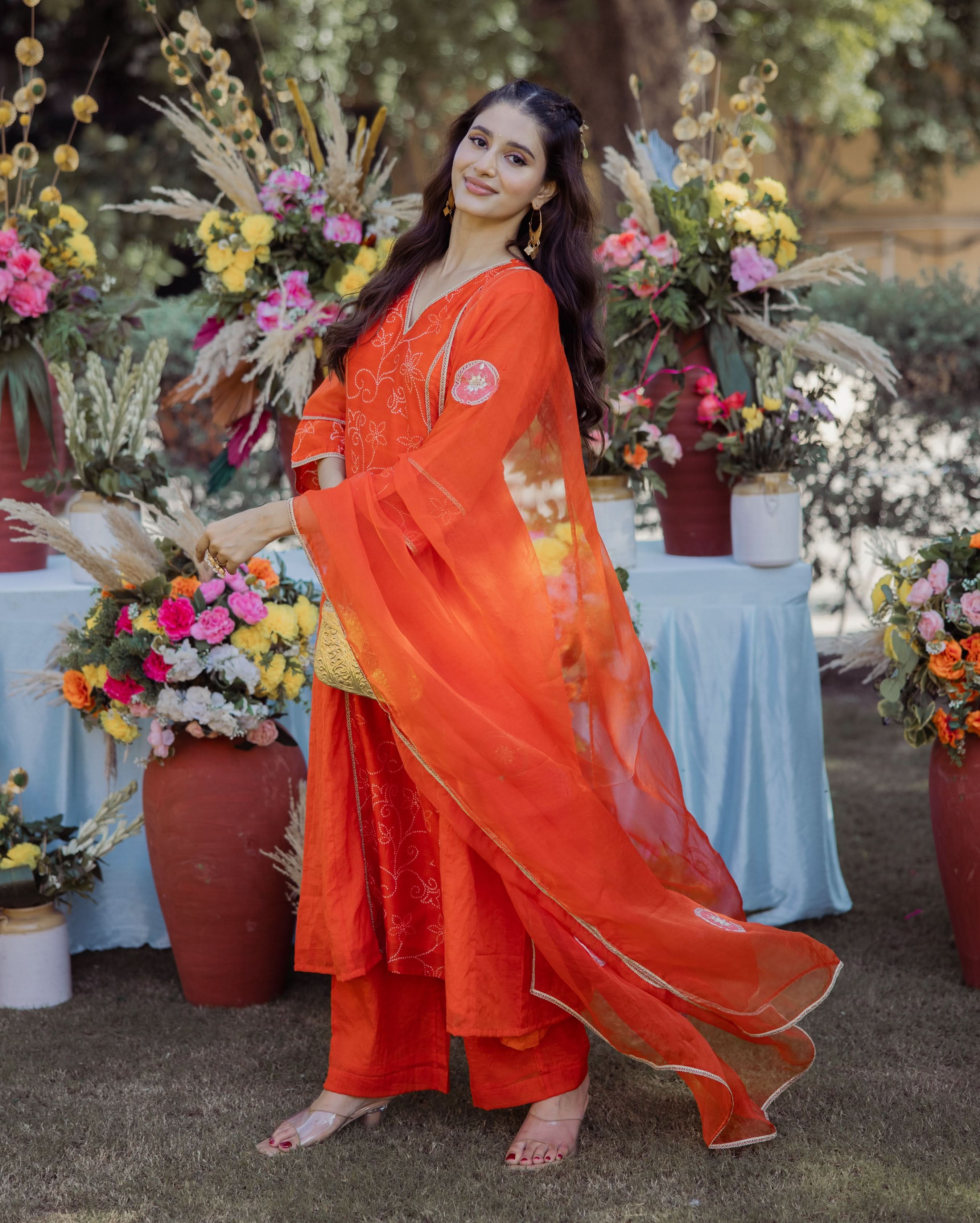 Saumya Orange Bandhani Chanderi Suit Set - Image 3
