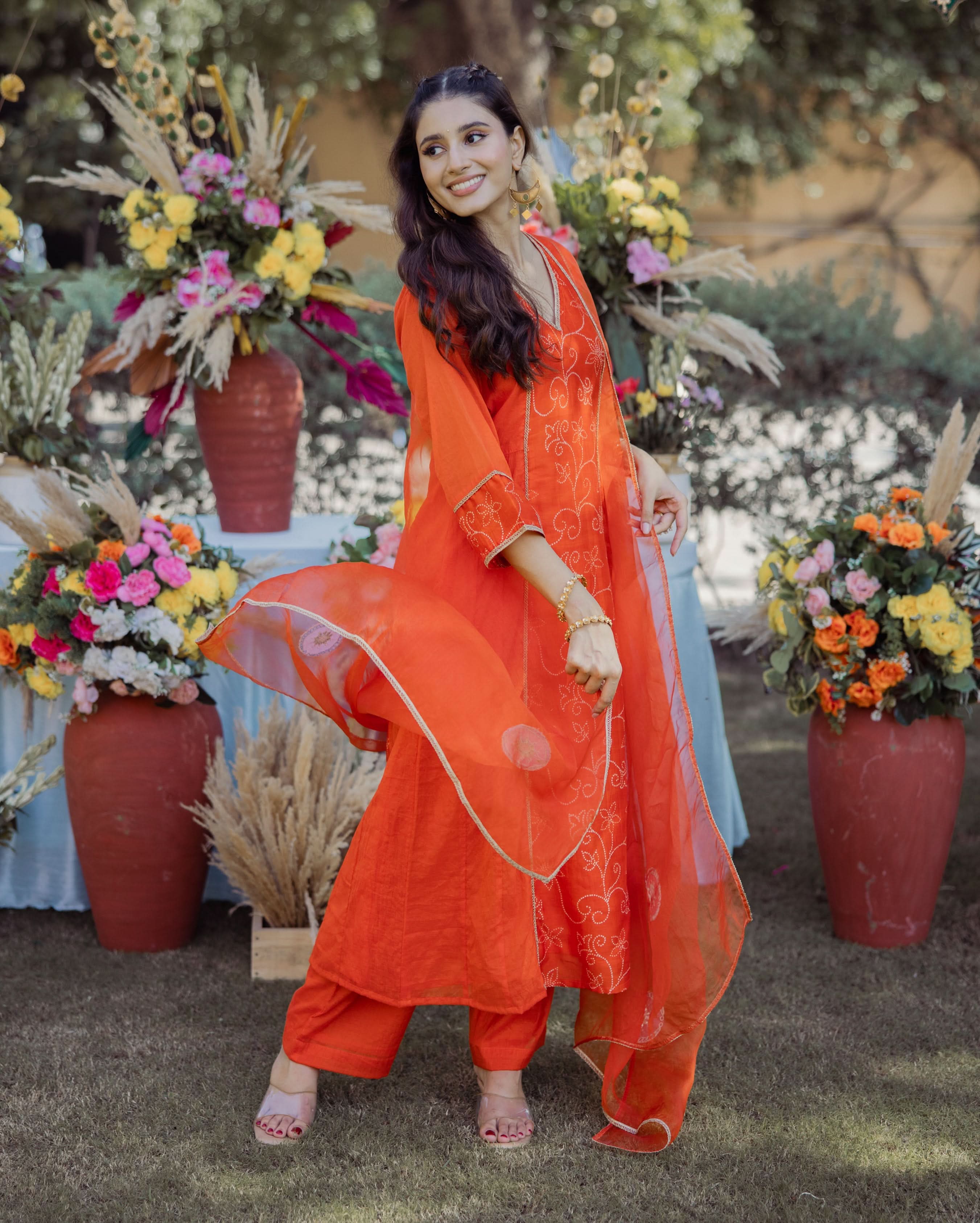 Saumya Orange Bandhani Chanderi Suit Set - Image 4