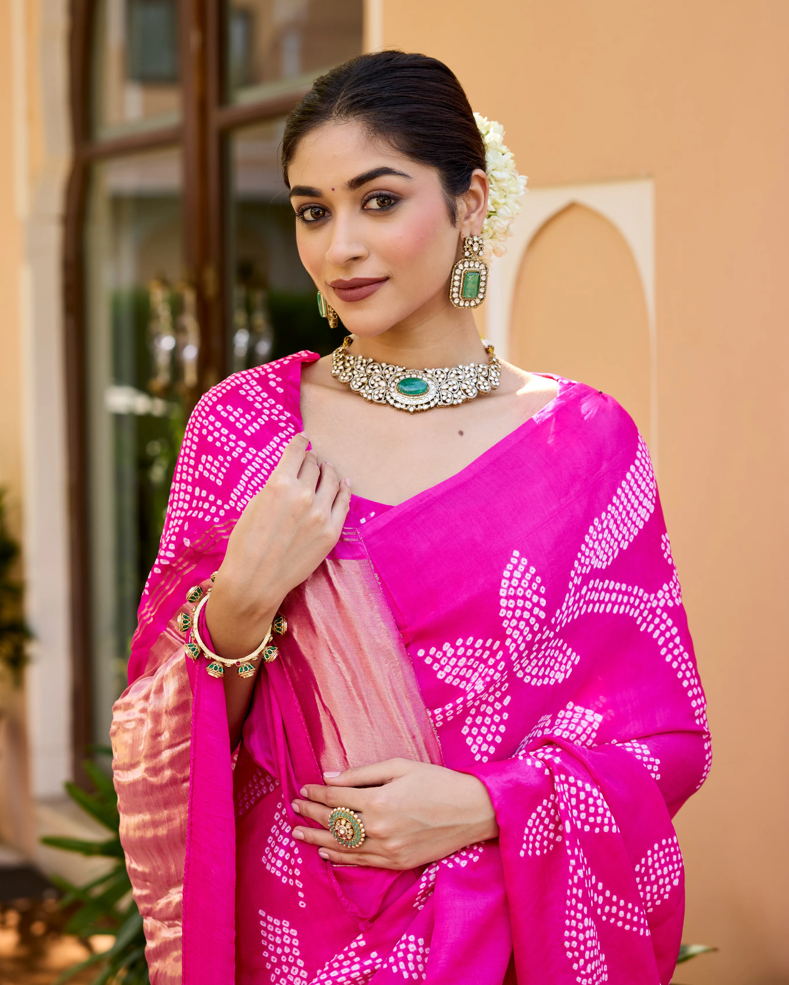 Saundarya Pink Gajji Silk Bandhej Saree - Image 6