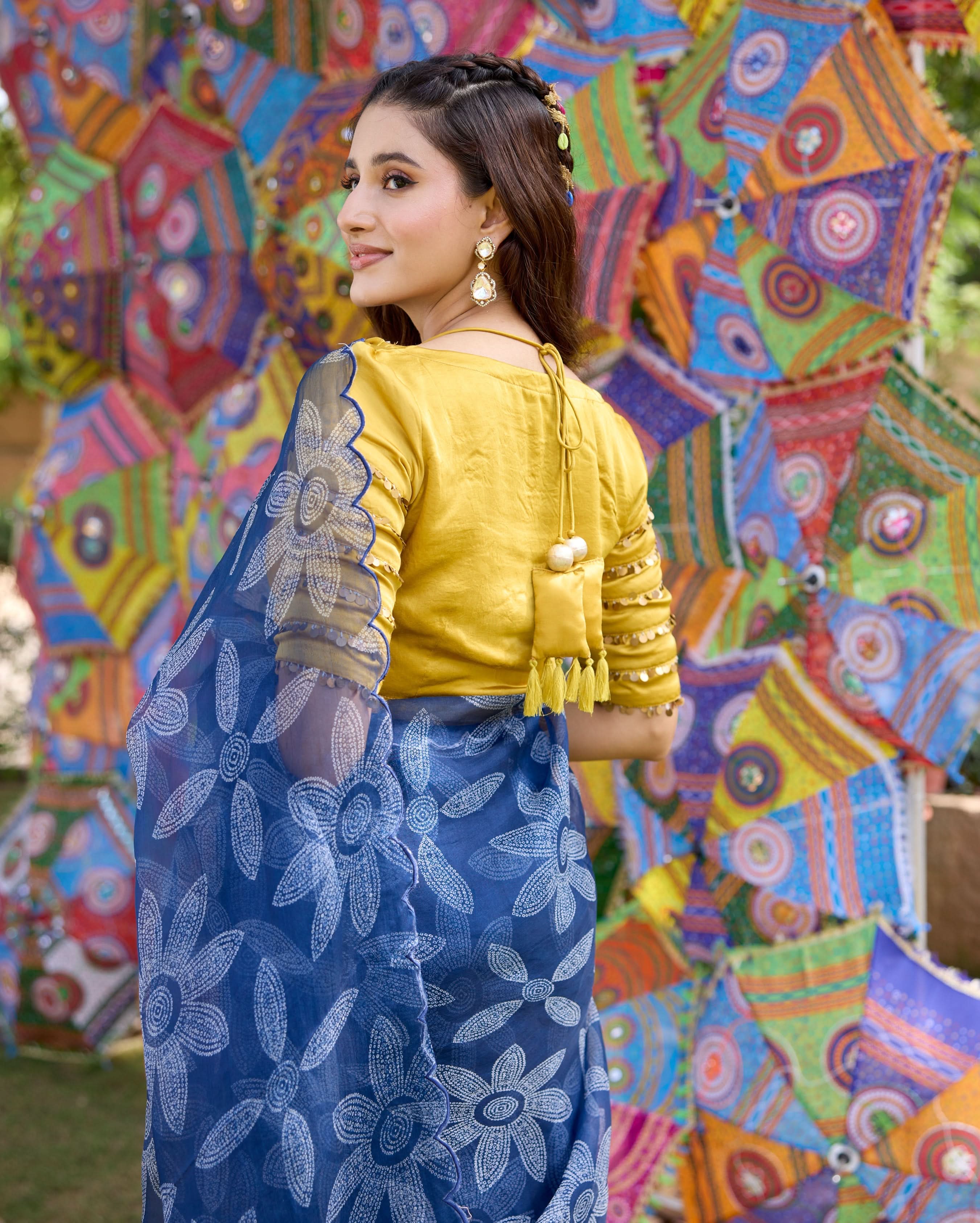 Shabnam Blue Bandhani Organza Saree - Image 8