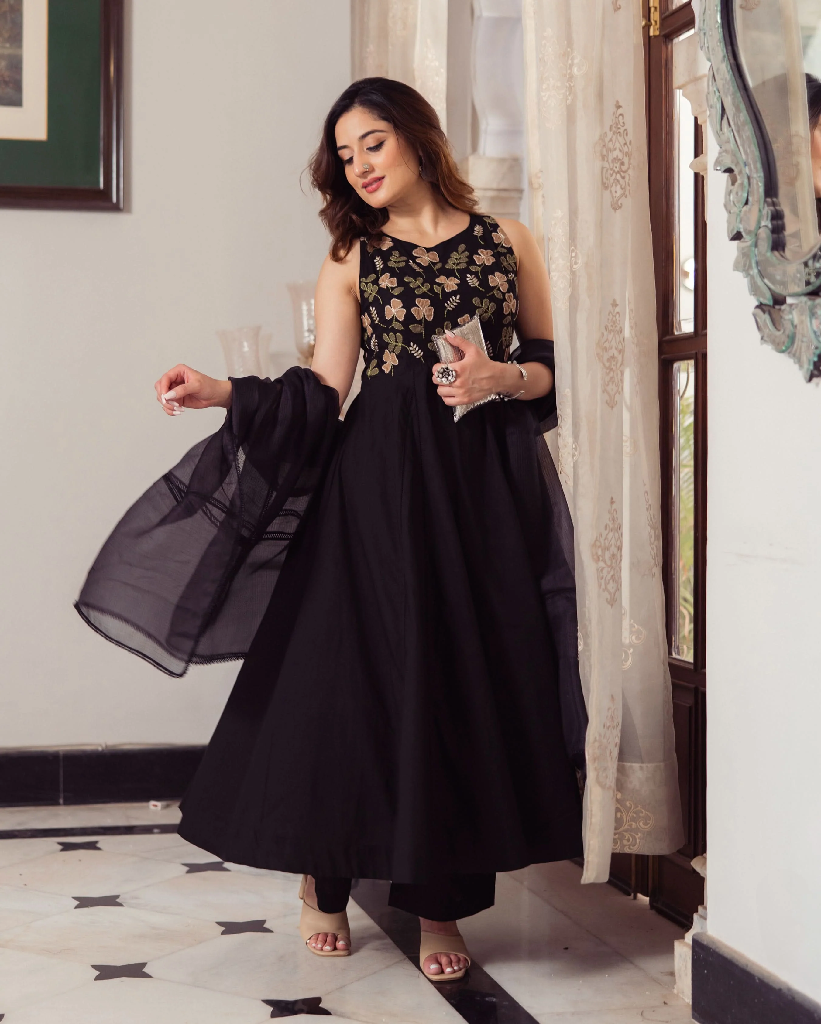 Shadow Black Embroidered Cotton Suit Set