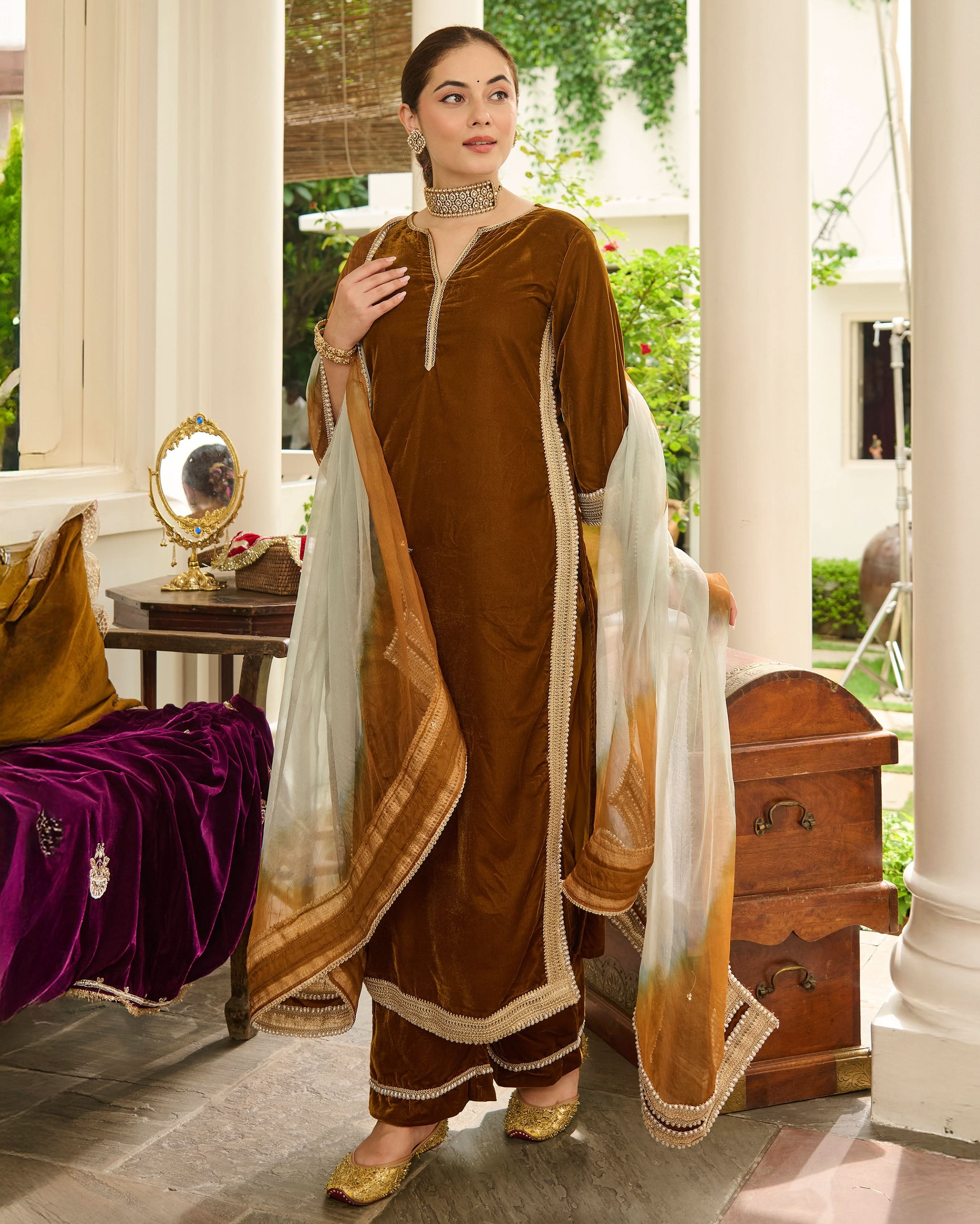 Shaili Mustard Solid Velvet Suit Set - Image 3