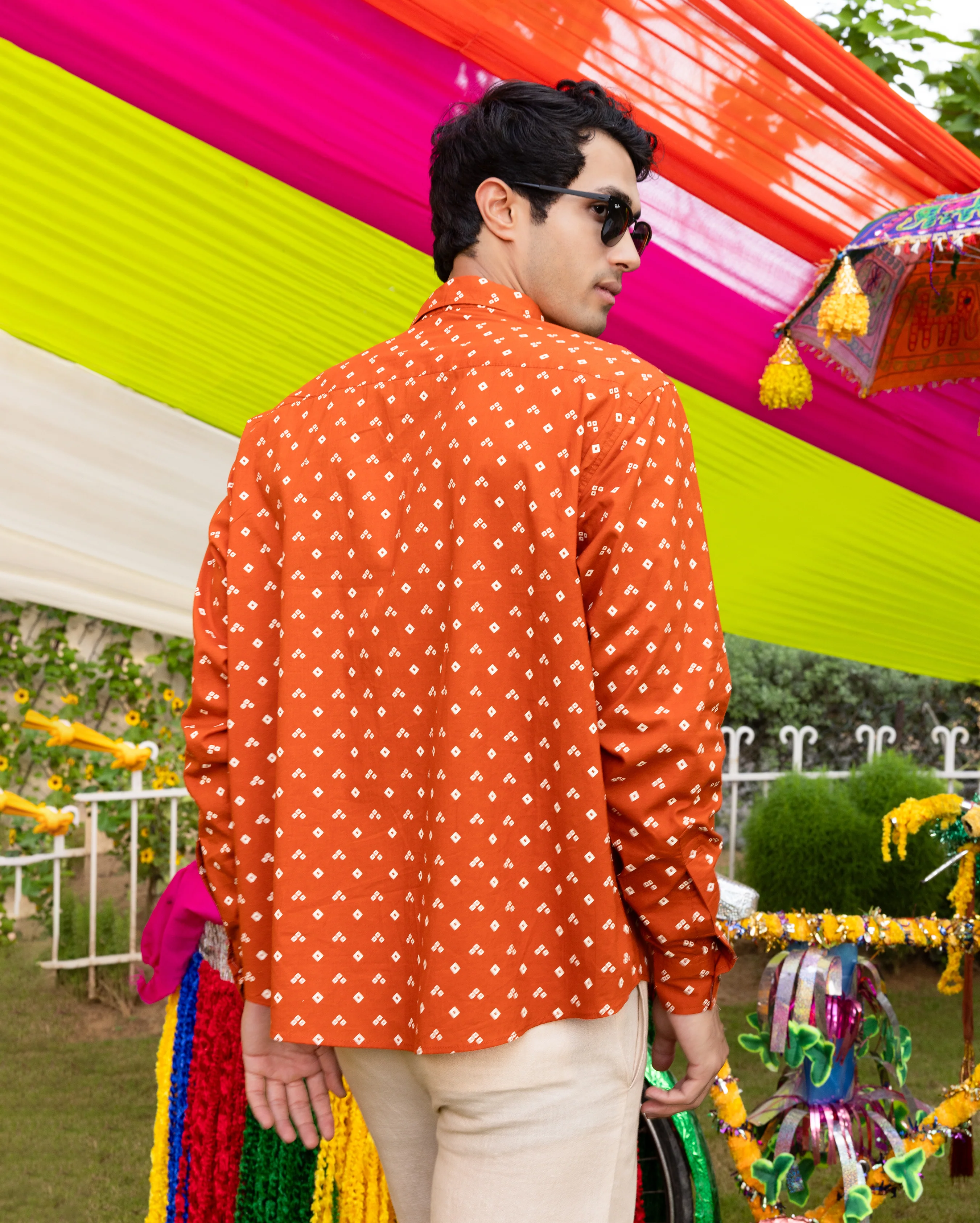 Sharvik Orange Bandhani Cotton Shirt - Image 5