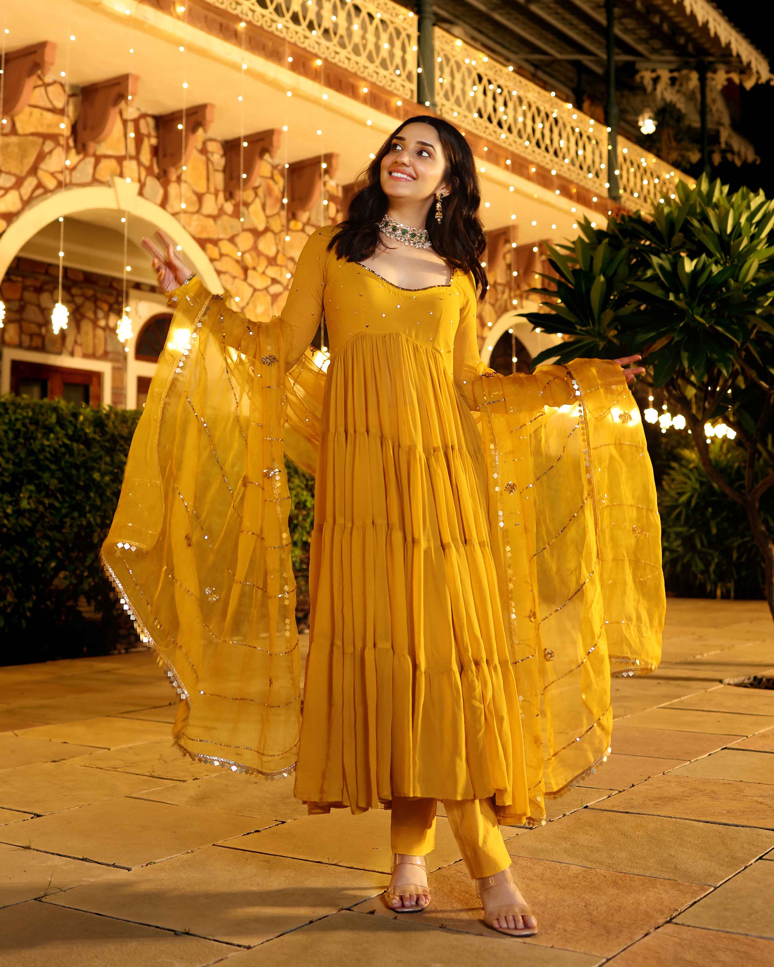 Shimmering Mustard Sequin Georgette Suit Set - Image 2