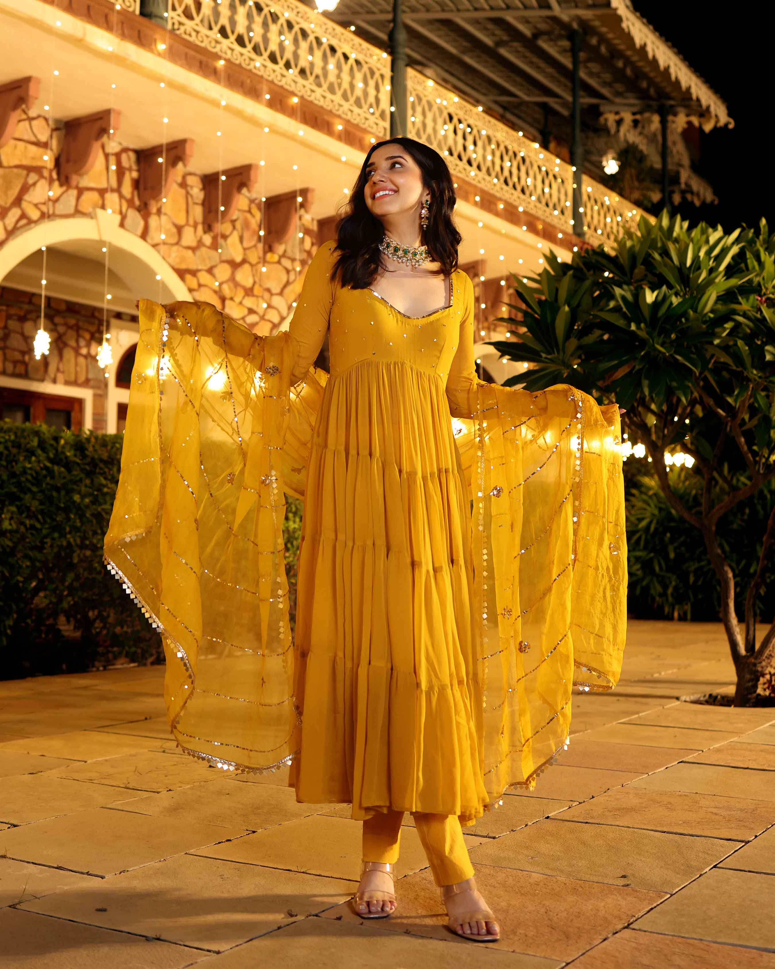 Shimmering Mustard Sequin Georgette Suit Set - Image 3