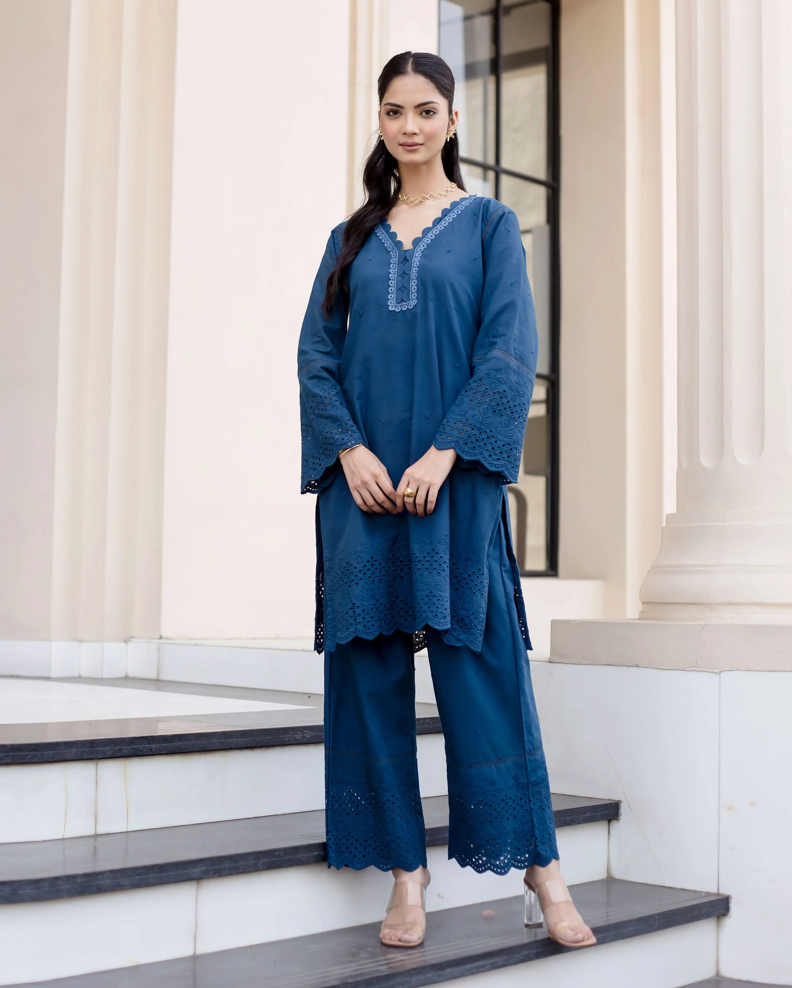 Shrub Teal Blue Solid Cotton Schiffli Coord Set - Image 2