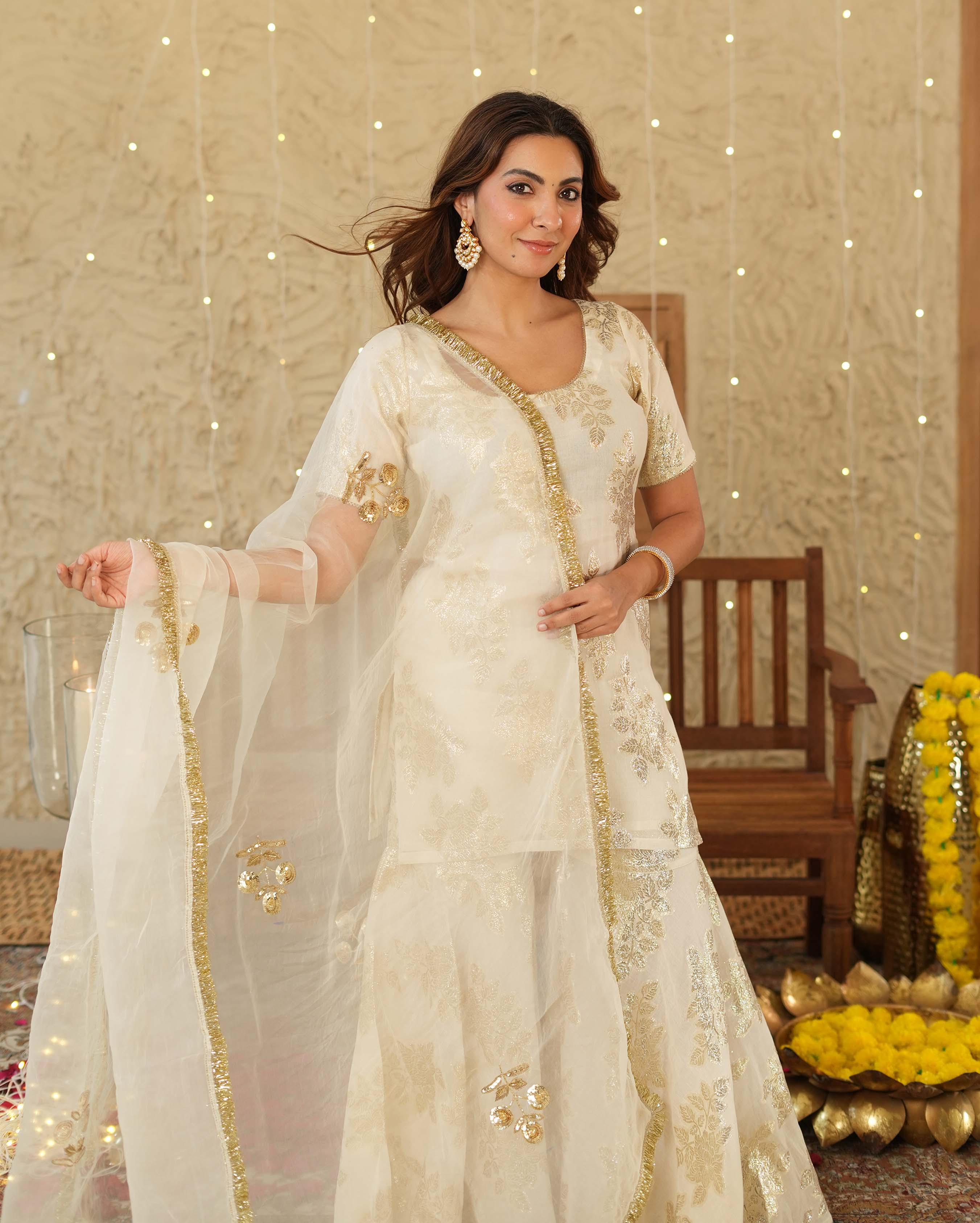 Shubh White Jacquard Sharara Set - Image 3