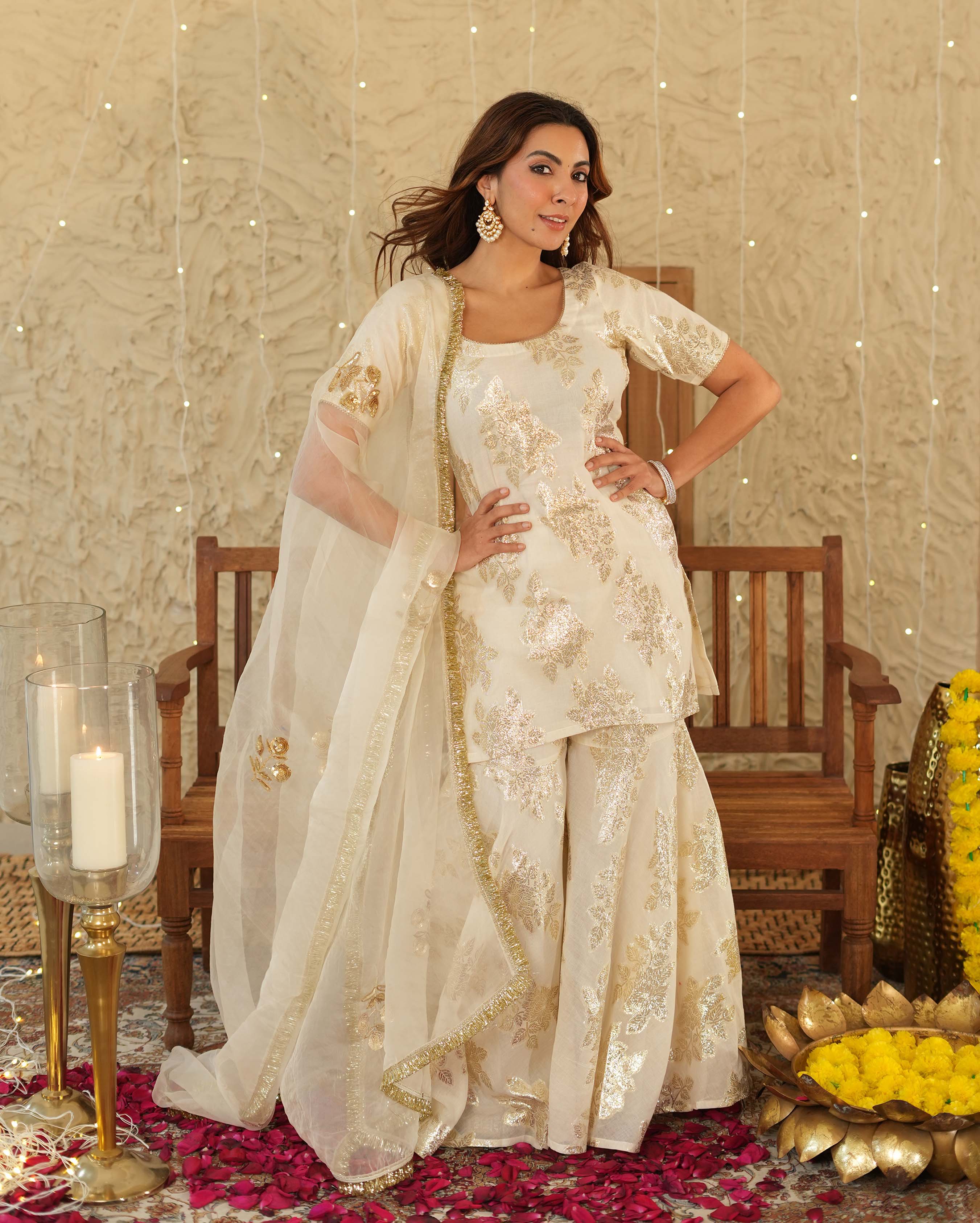 Shubh White Jacquard Sharara Set - Image 4