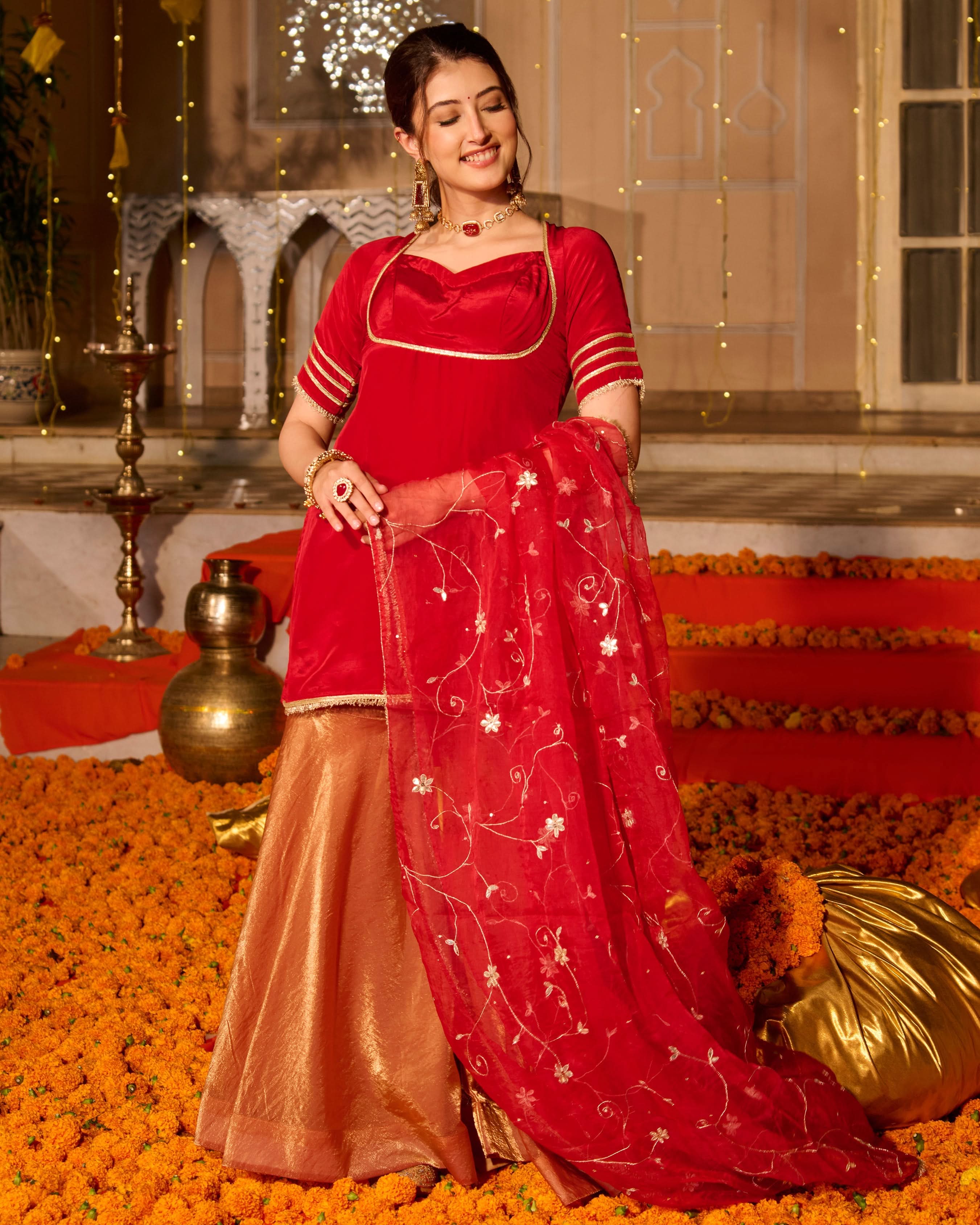 Shubhi Red Solid Satin Sharara Set - Image 3