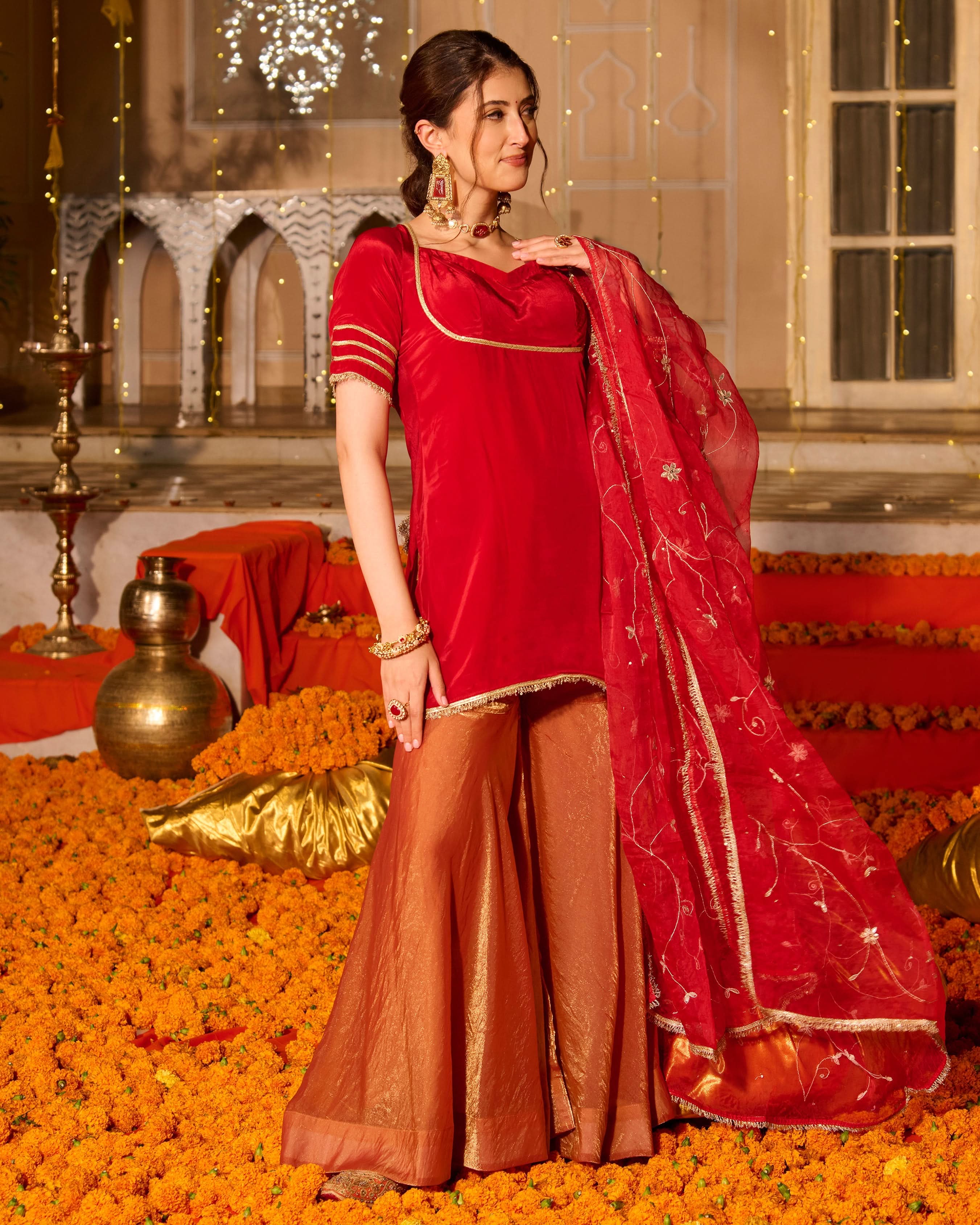 Shubhi Red Solid Satin Sharara Set - Image 4
