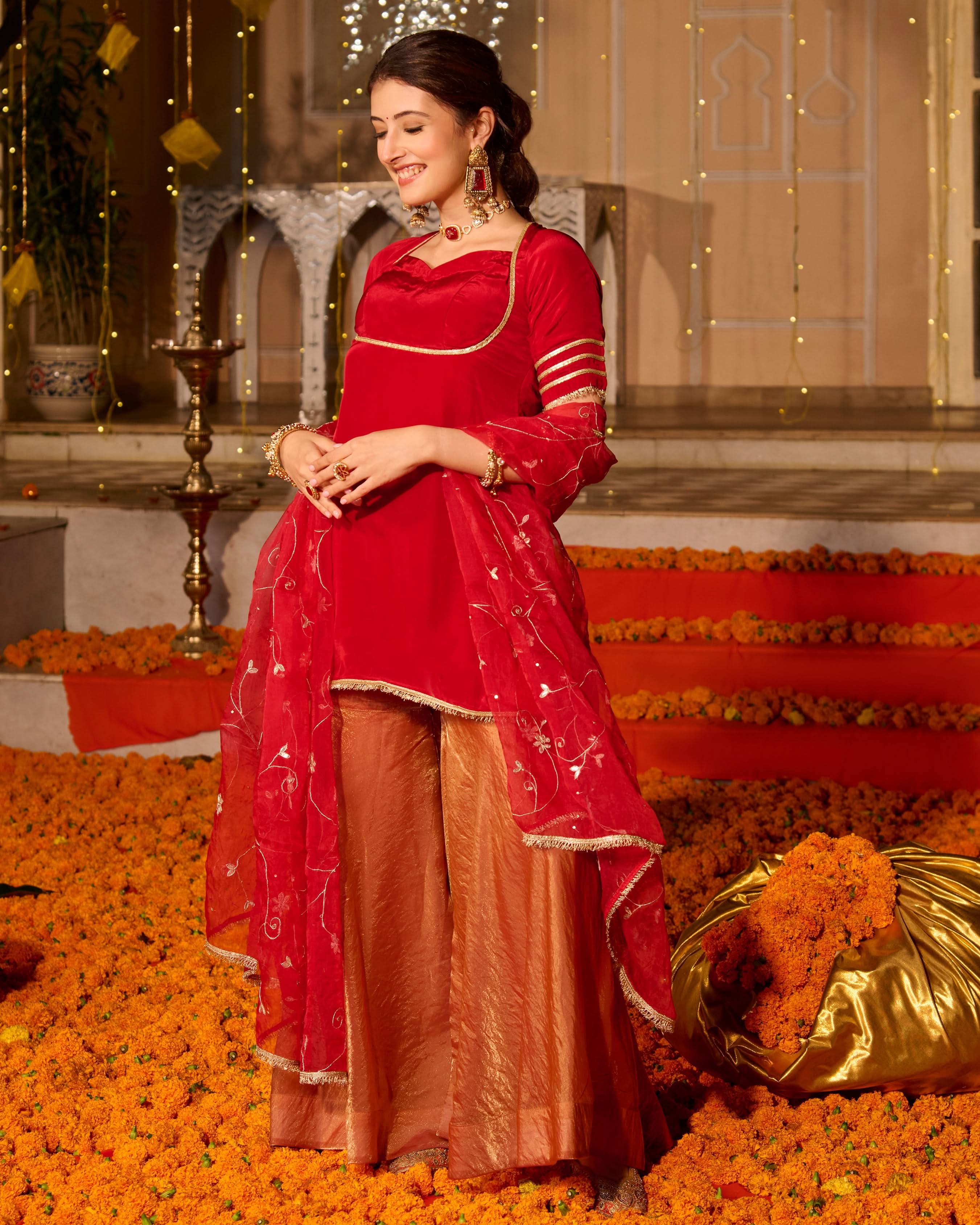 Shubhi Red Solid Satin Sharara Set - Image 5