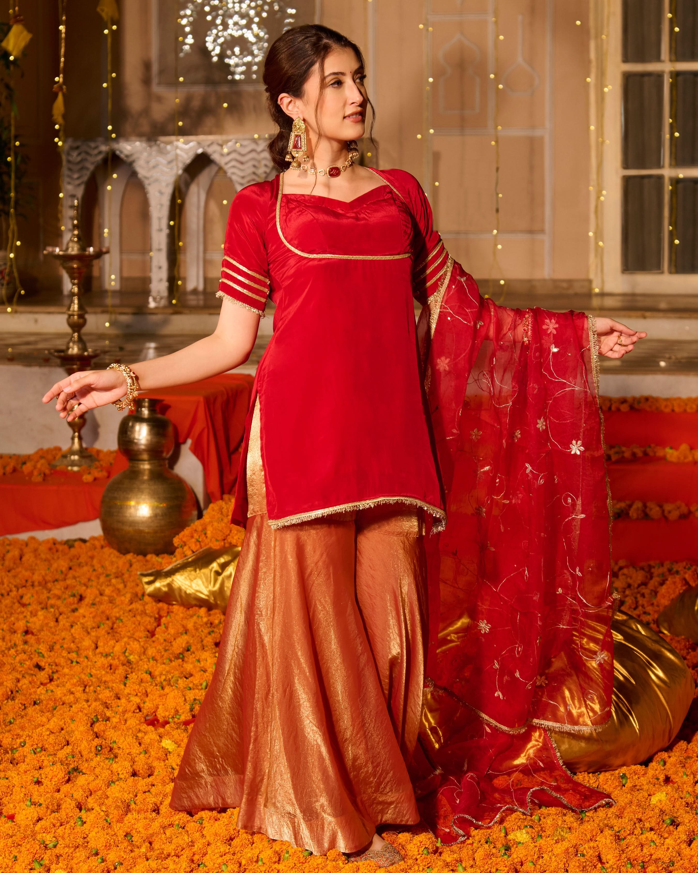 Shubhi Red Solid Satin Sharara Set - Image 6