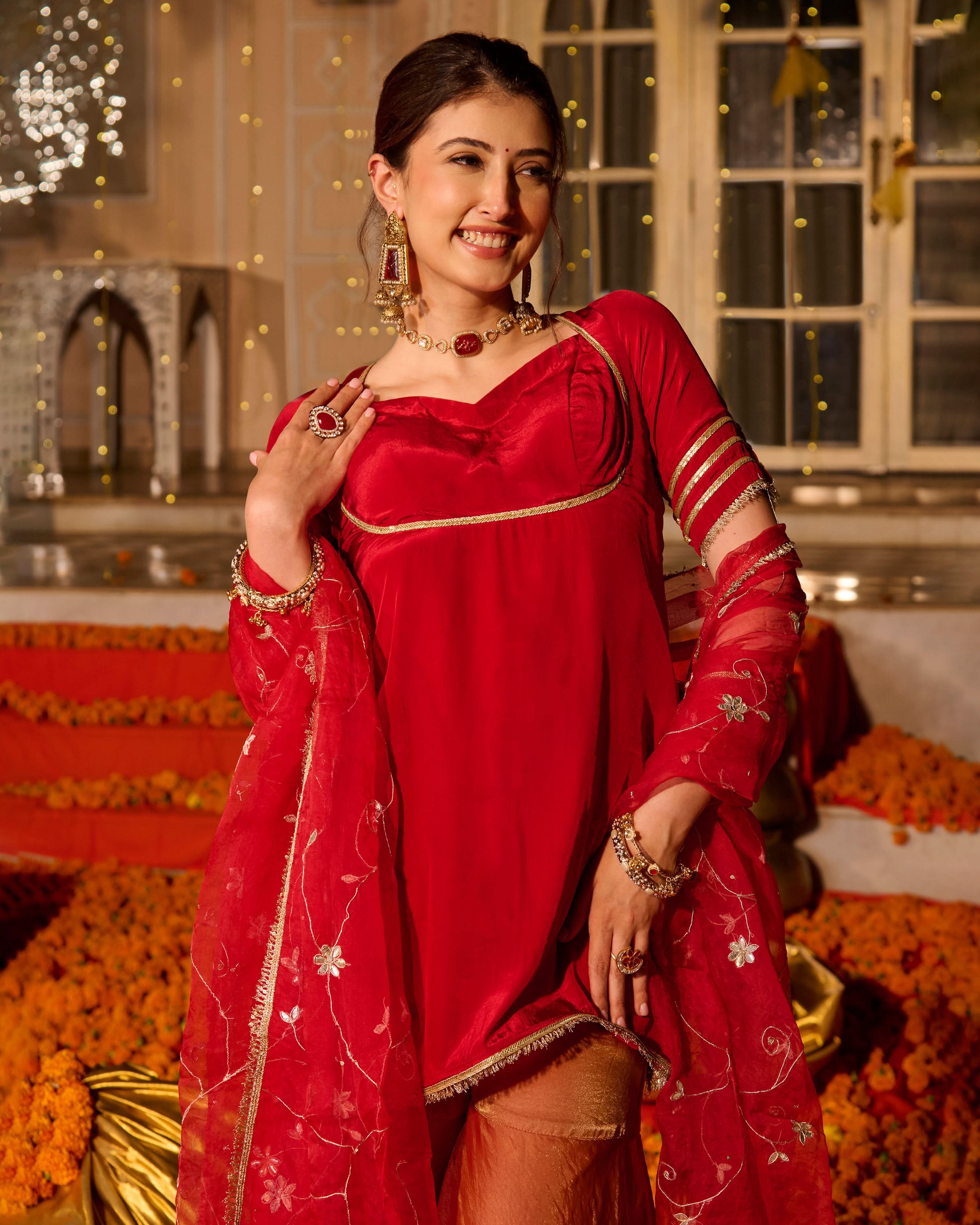 Shubhi Red Solid Satin Sharara Set - Image 7