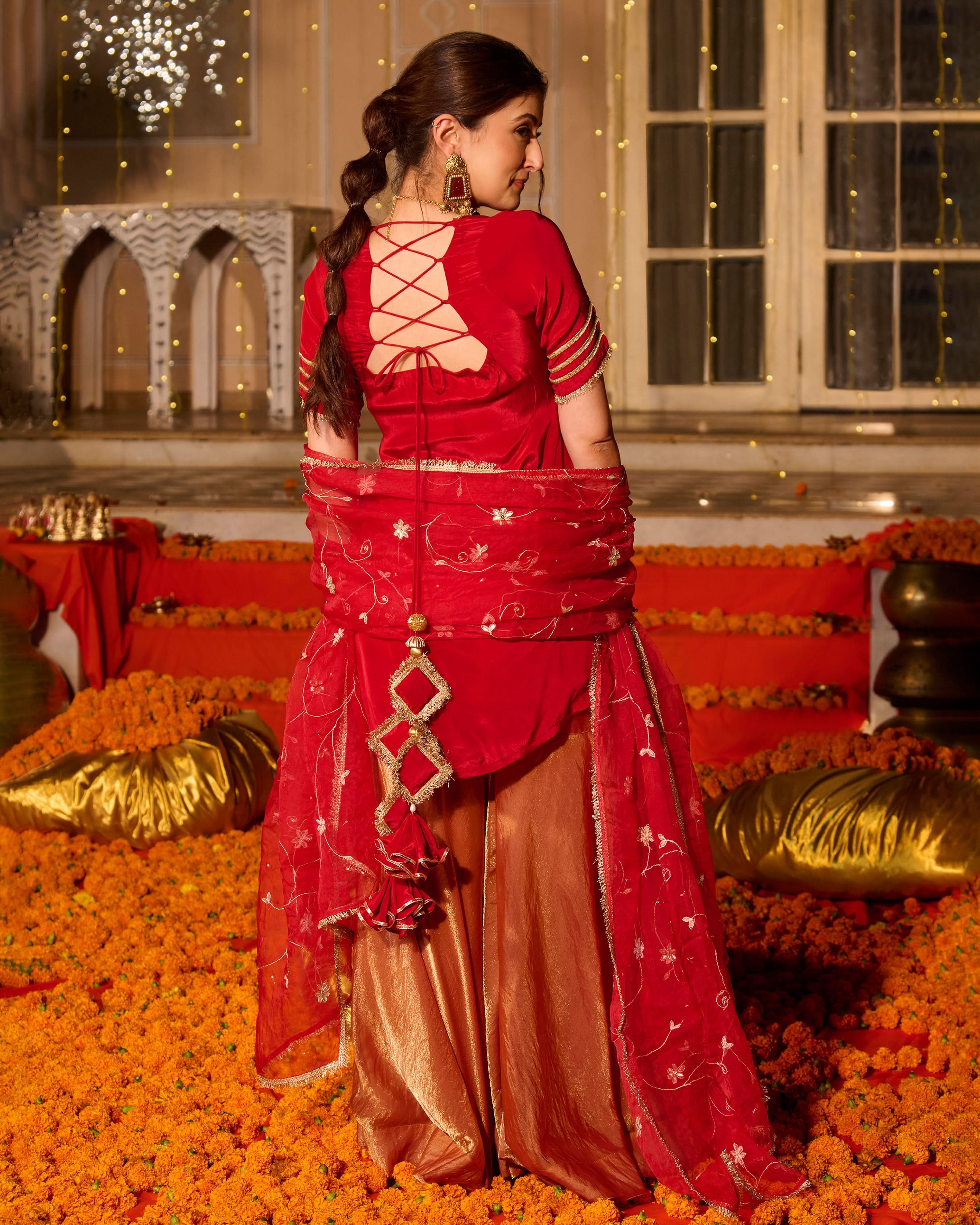 Shubhi Red Solid Satin Sharara Set - Image 8