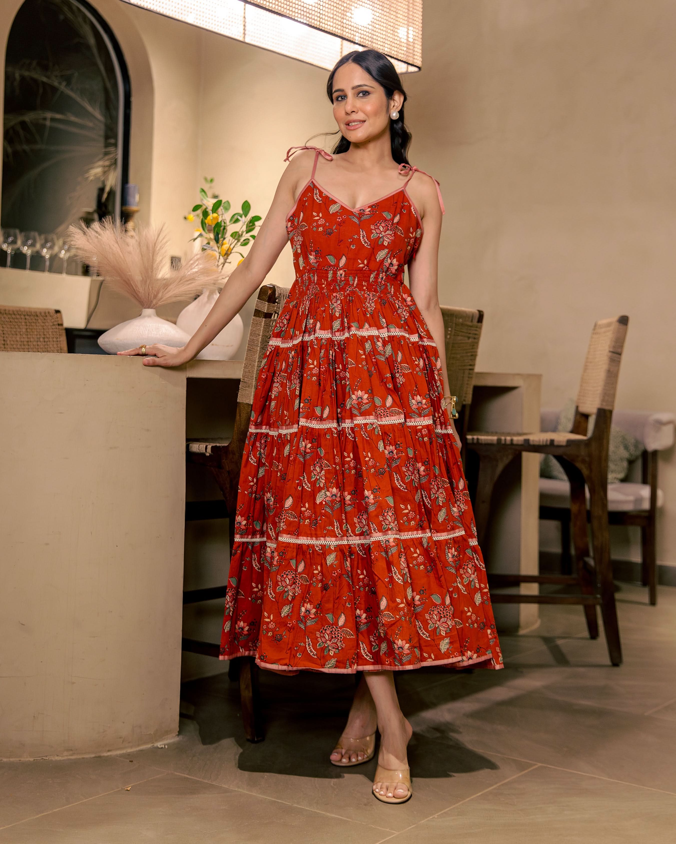 Siri Bloom Rust Orange Cotton Printed Dress - Image 3