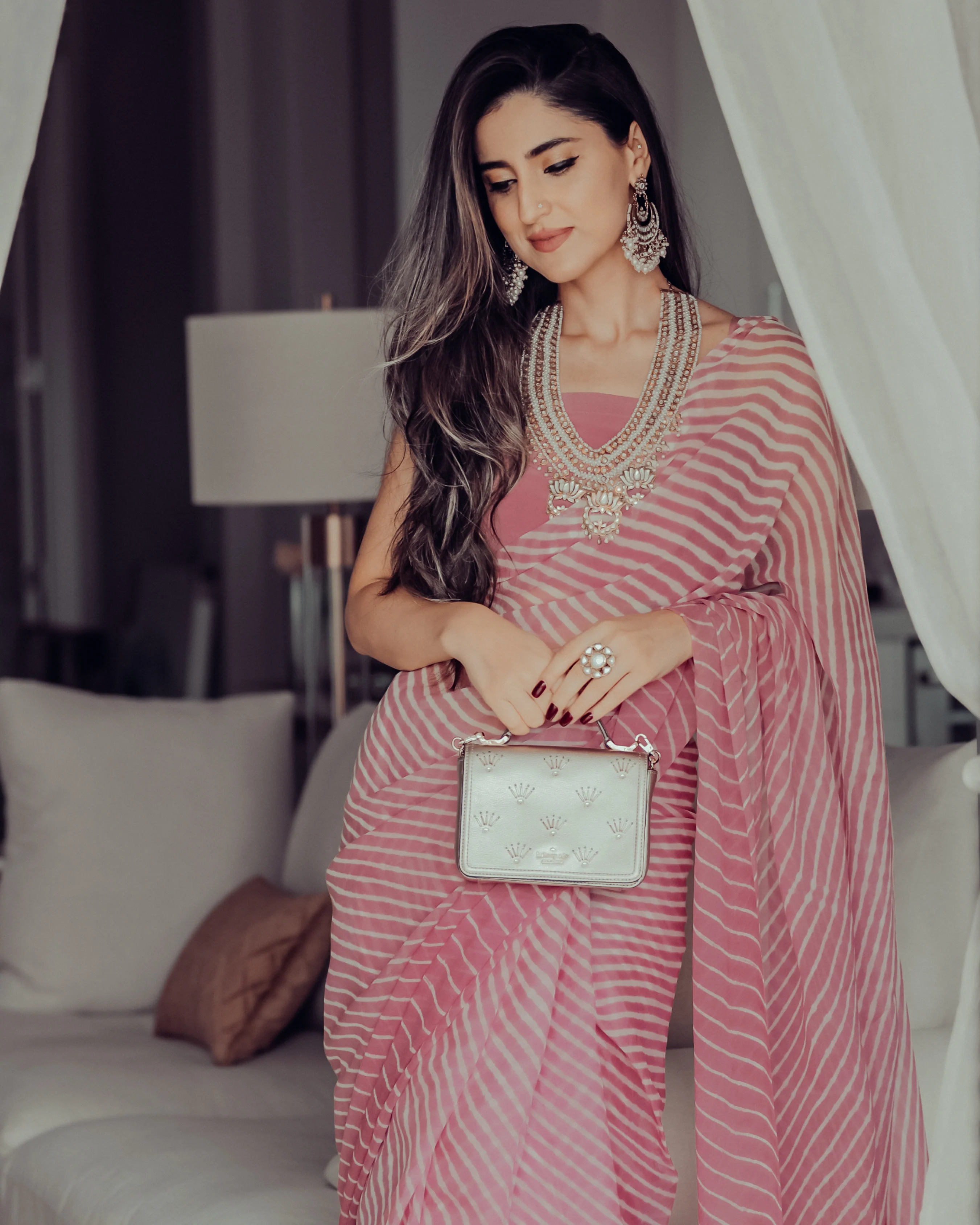 Sophia Dusty Pink Leheriya Pure Chiffon Saree - Image 2