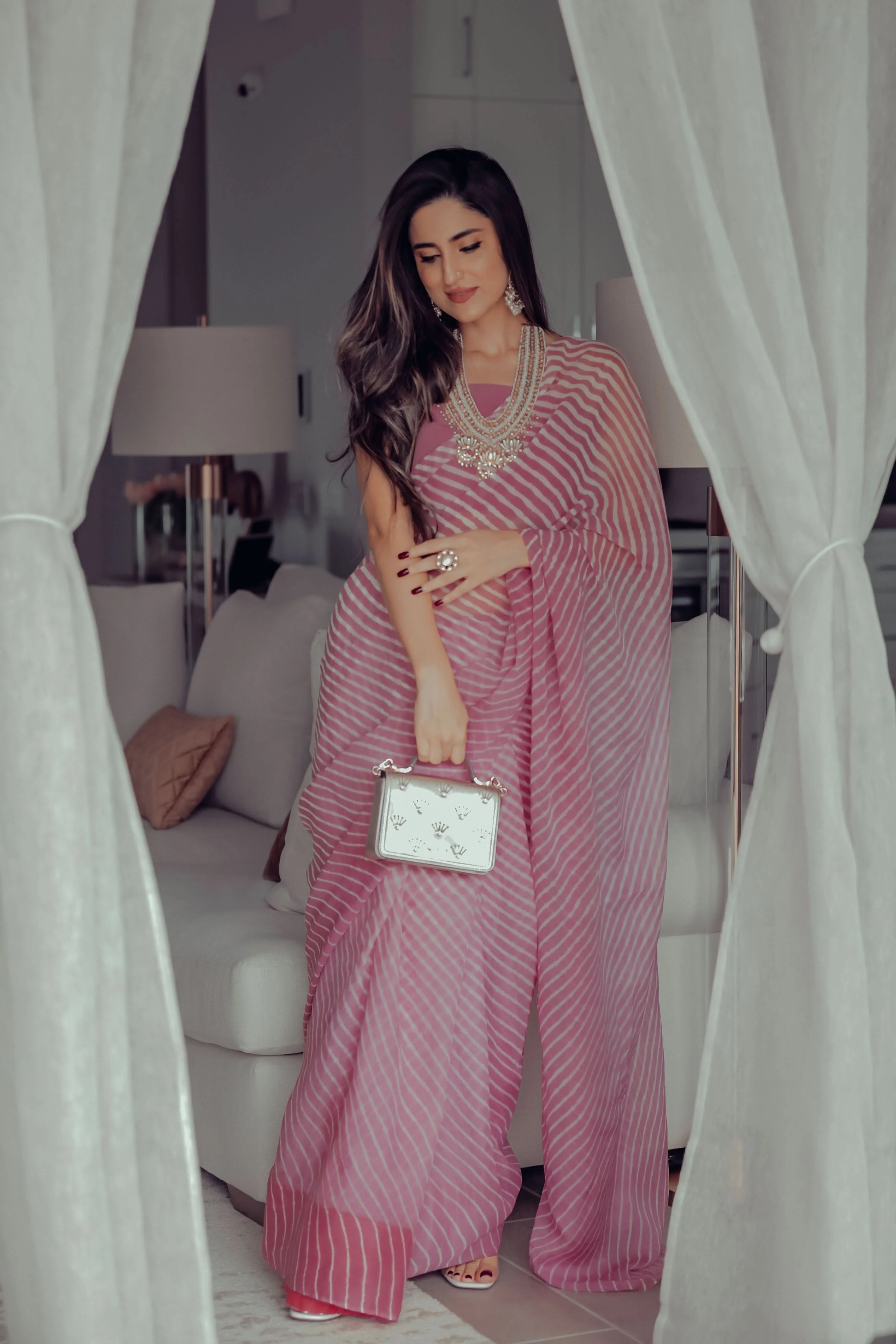 Sophia Dusty Pink Leheriya Pure Chiffon Saree - Image 5
