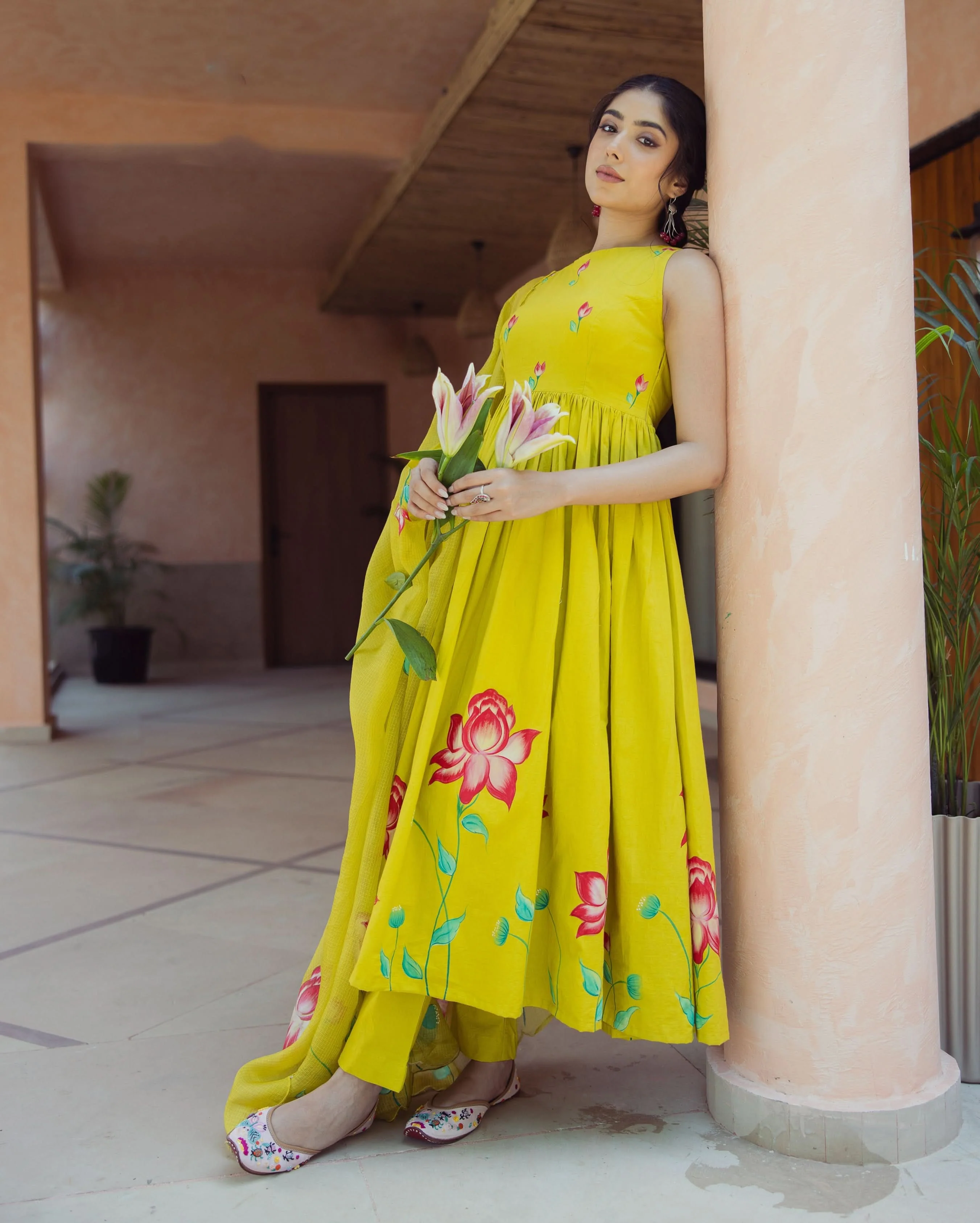 Sorbet Lime Green Handpainted Cotton Suit Set - Image 2