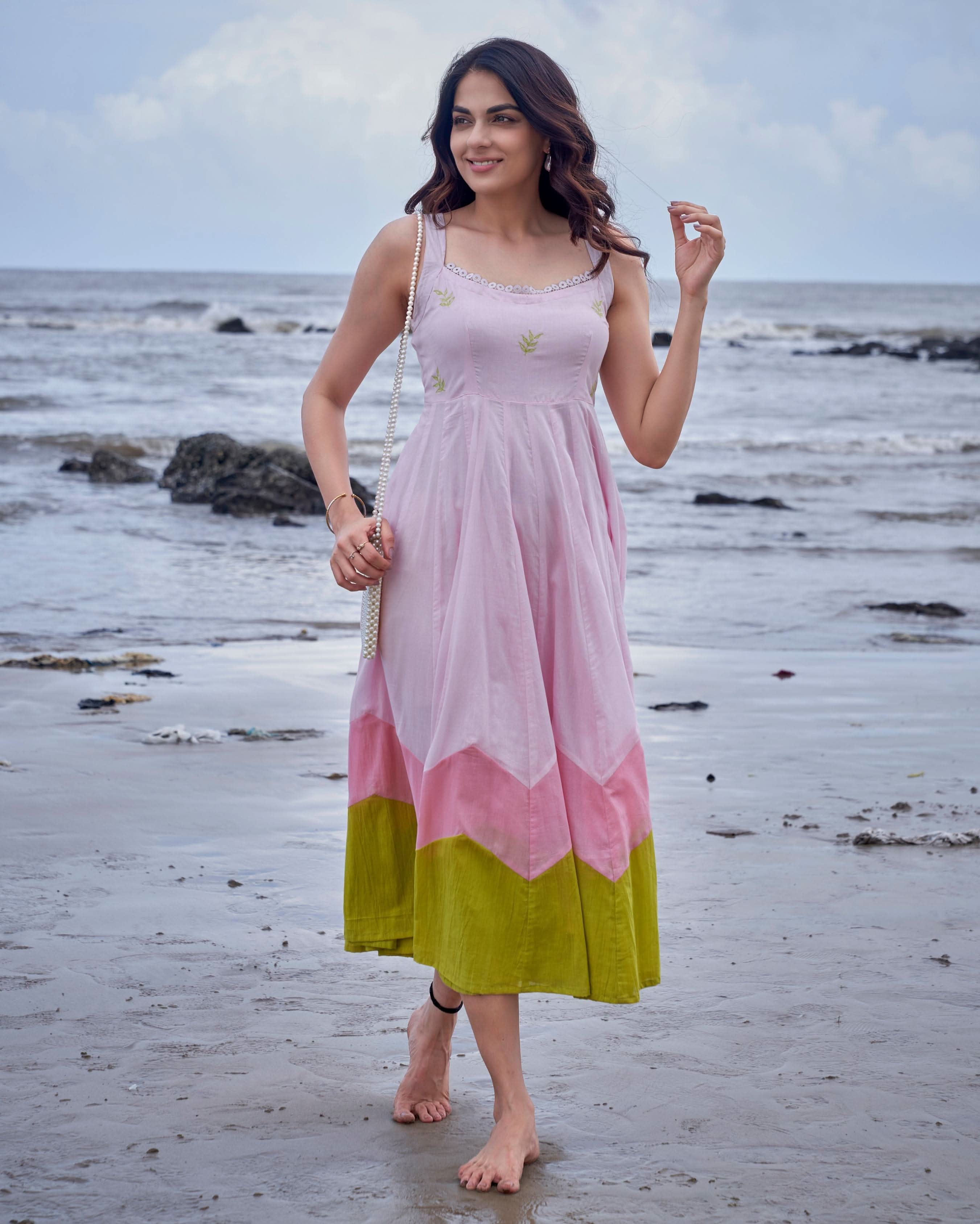 Sparrow Pink Green Colour Blocking Embroidered Cotton Dress - Image 2