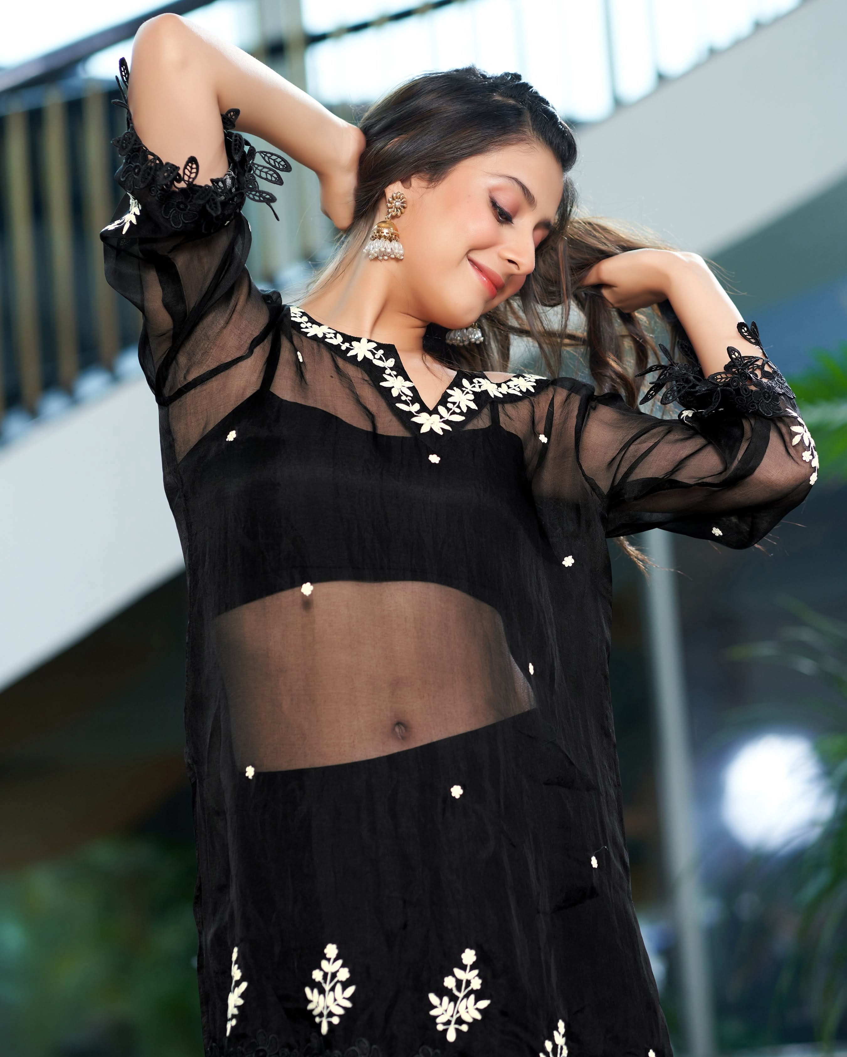 Sparsh Black Embroidered Organza Sharara Set - Image 3