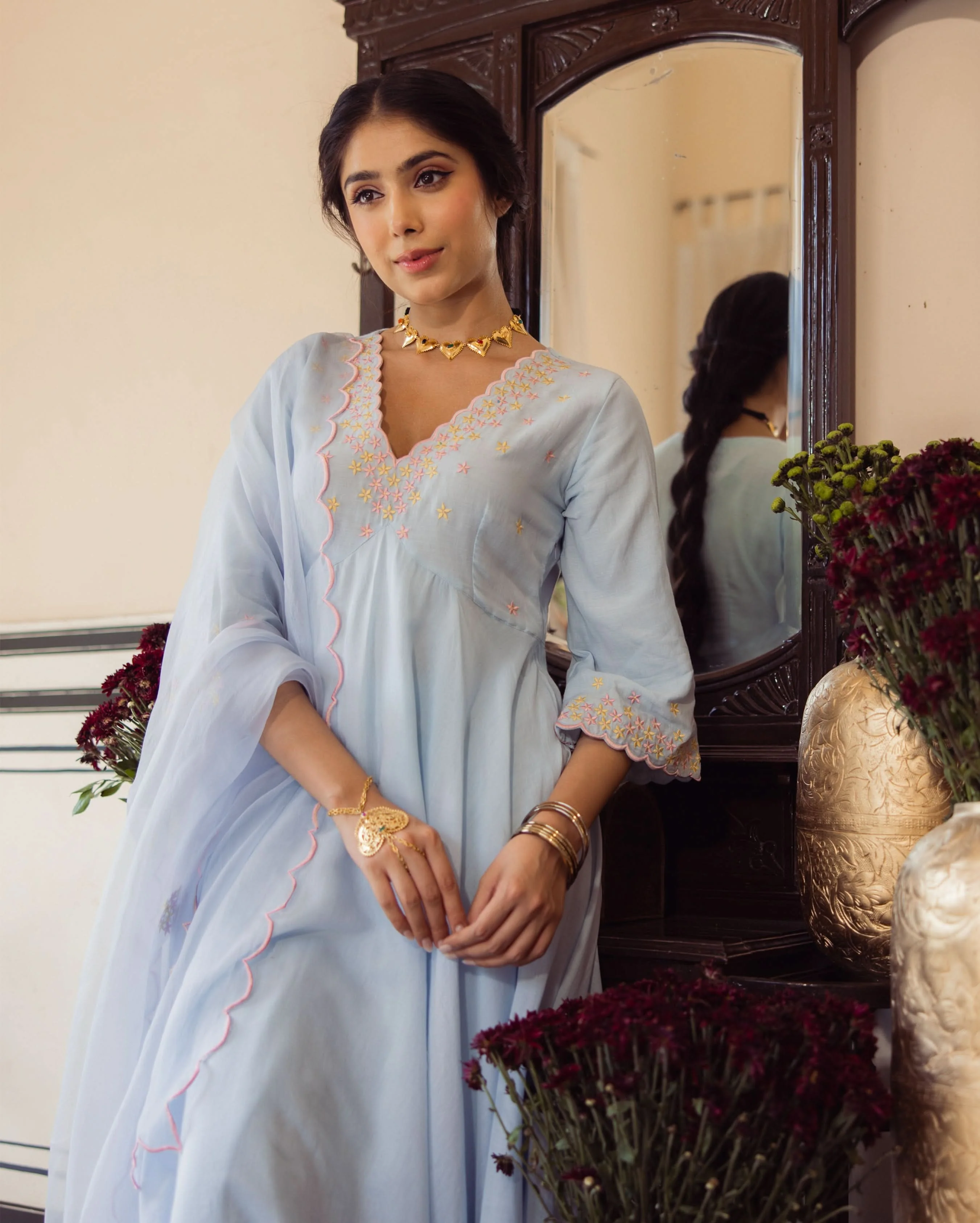 Star Blue Embroidered Cotton Suit Set - Image 8