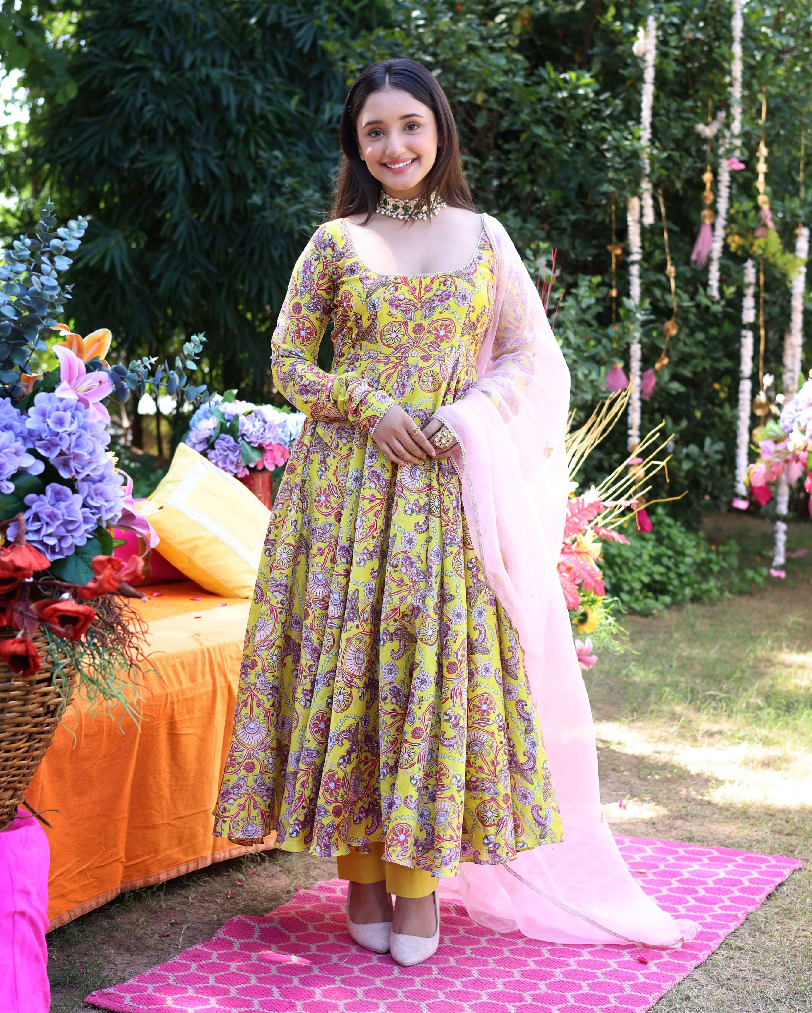 Sunglow Yellow Printed Chanderi Suit Set - Image 4