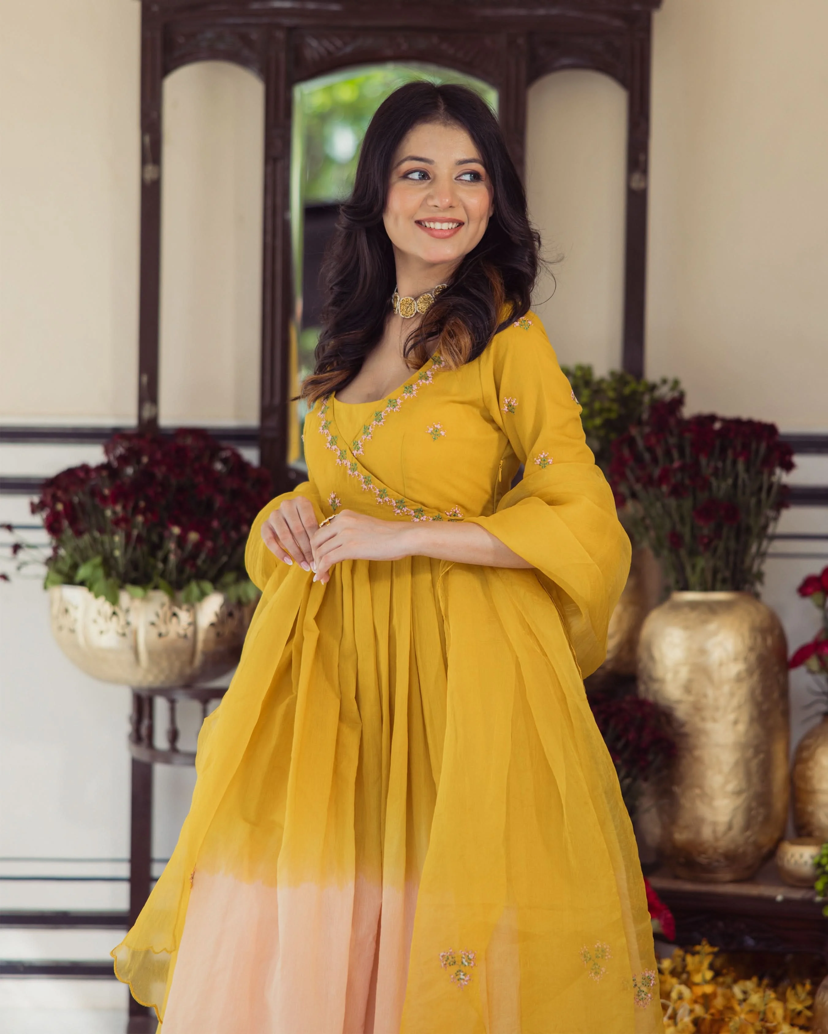 Sunny Mustard Ombre Embroidered Chanderi Suit Set - Image 3