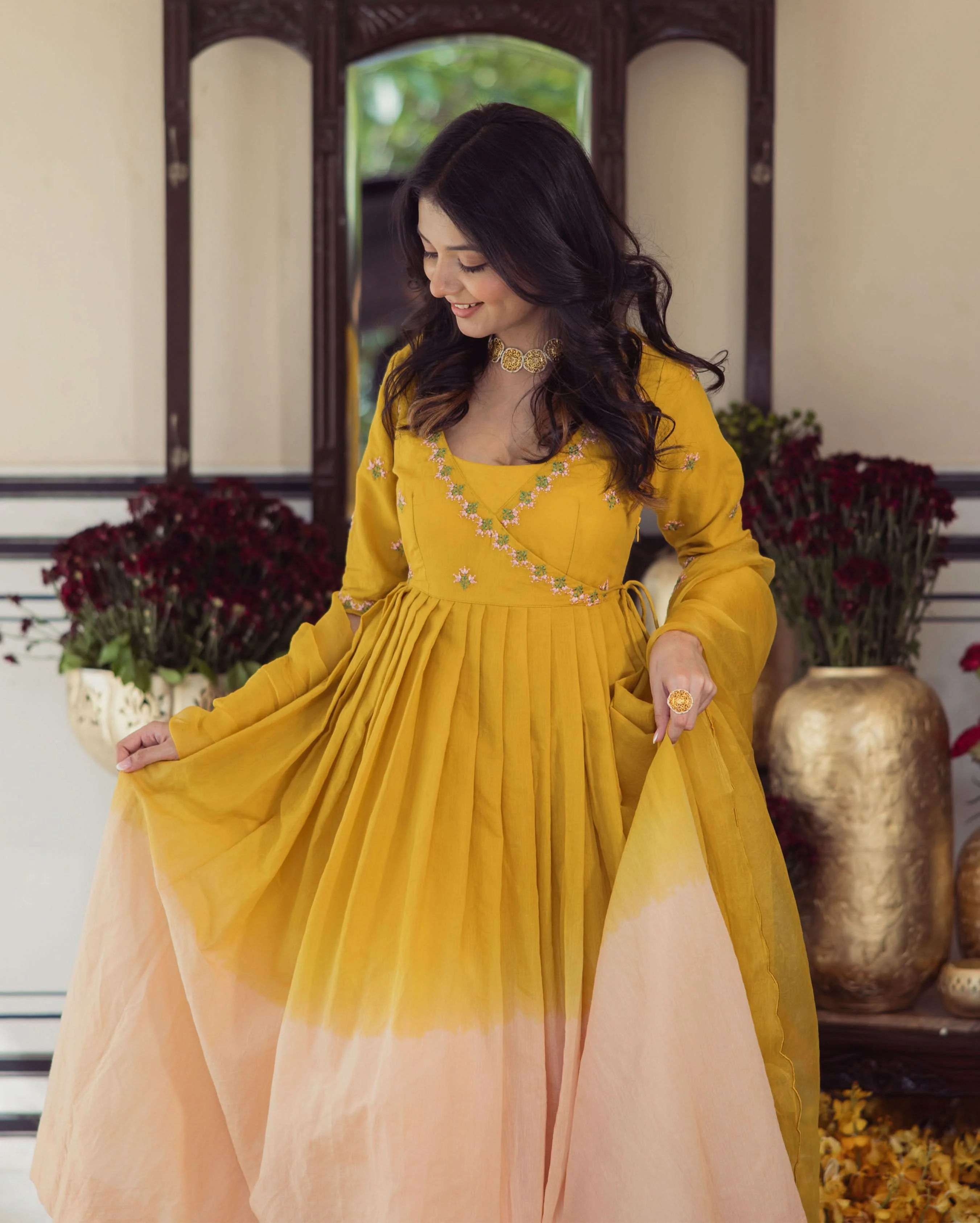 Sunny Mustard Ombre Embroidered Chanderi Suit Set - Image 4
