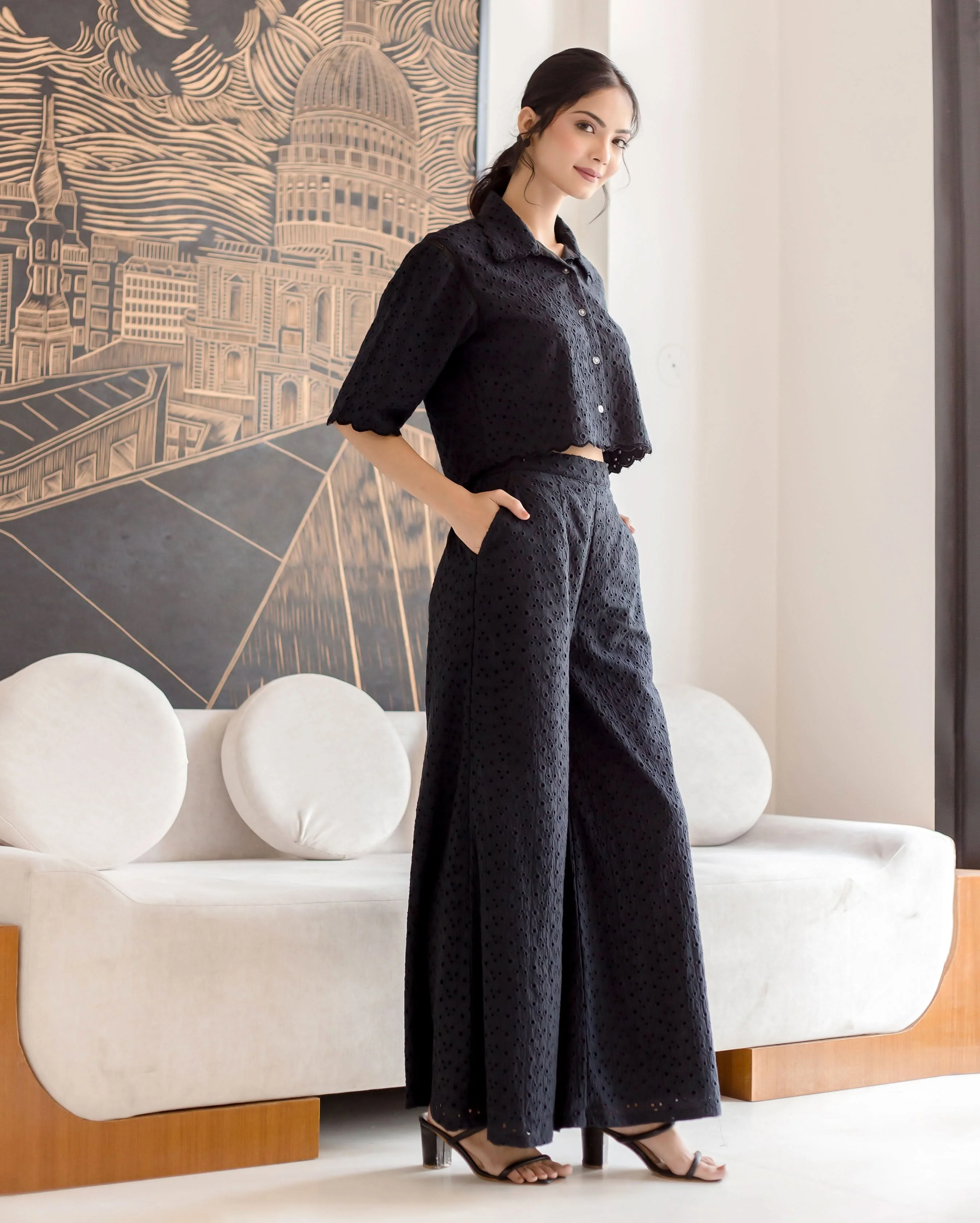 Susan Black Solid Cotton Schiffli Coord Set - Image 2