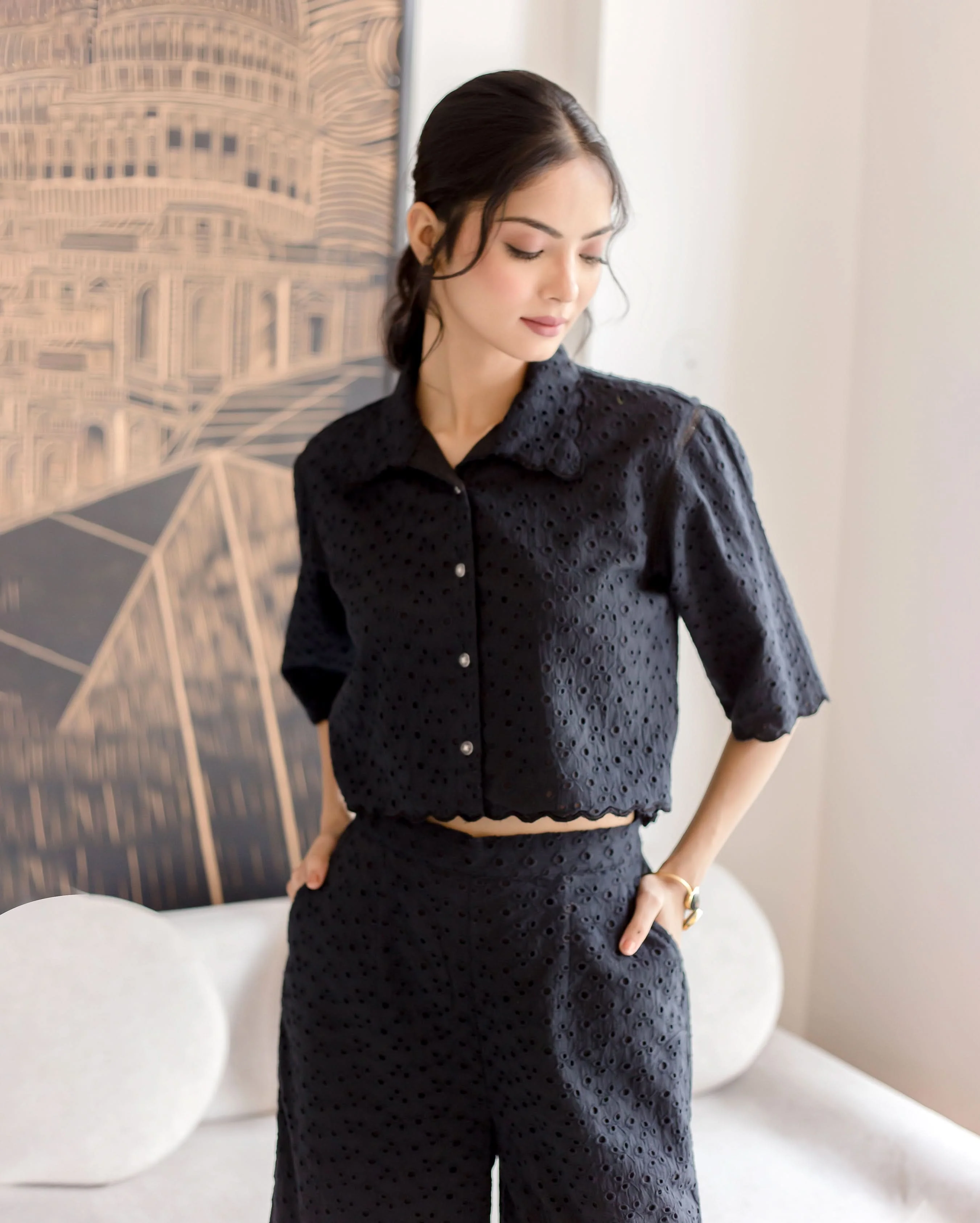 Susan Black Solid Cotton Schiffli Coord Set - Image 3