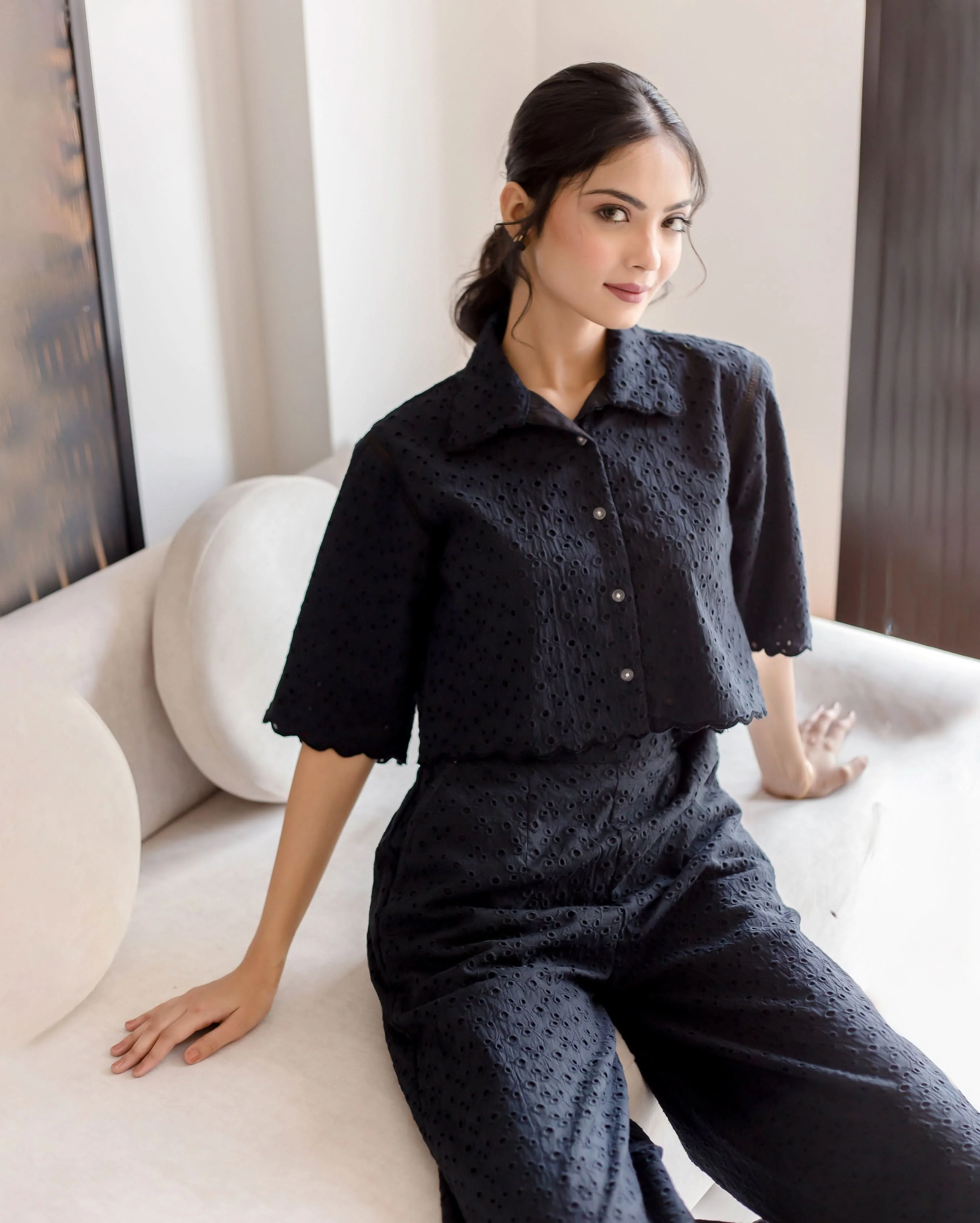 Susan Black Solid Cotton Schiffli Coord Set - Image 4