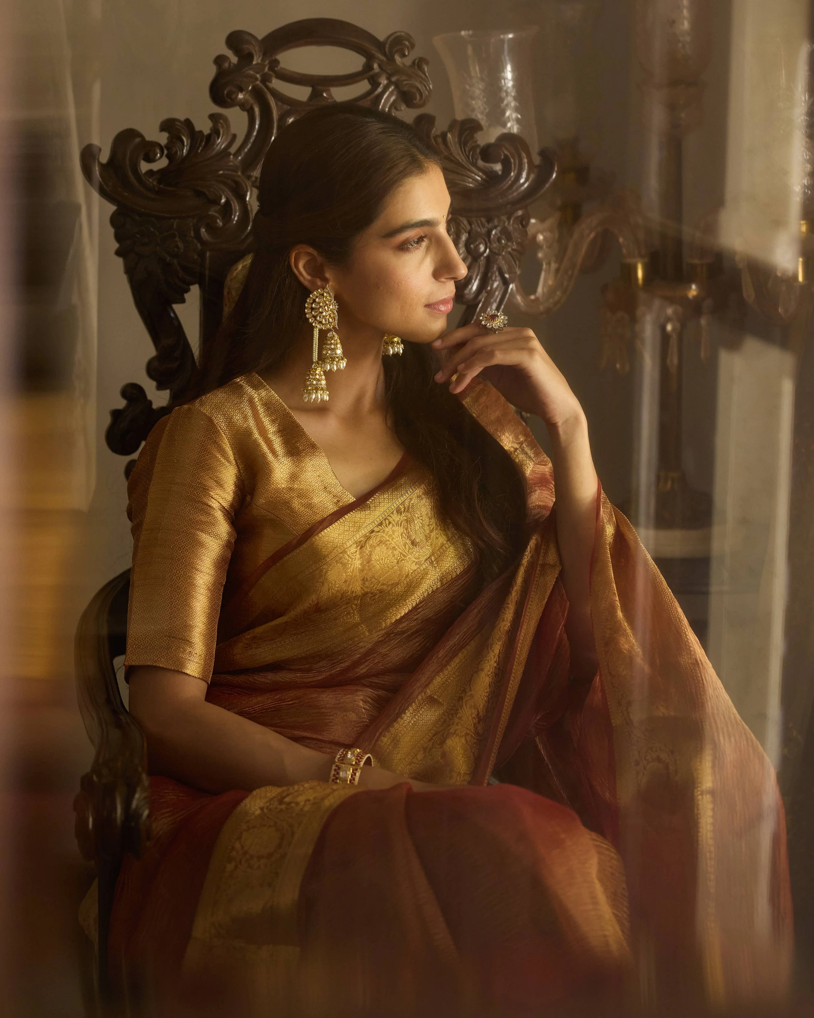 Svara Rust Orange Solid Crushed Tissue Saree - Image 4