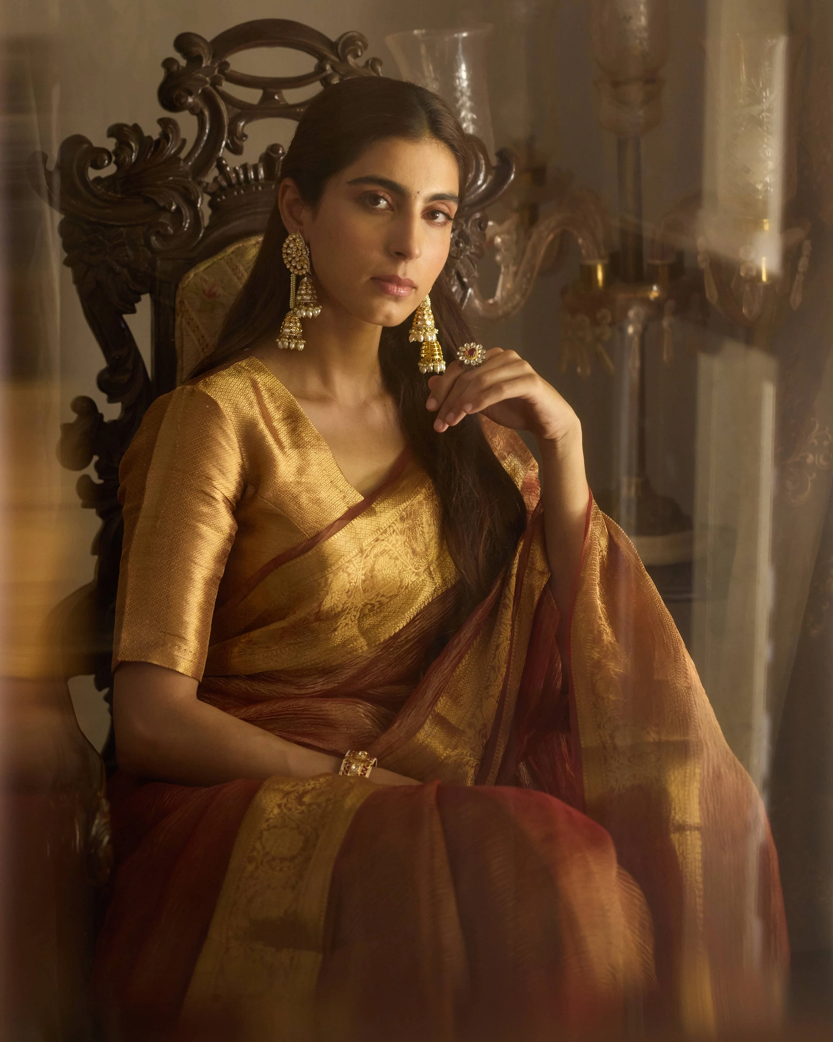 Svara Rust Orange Solid Crushed Tissue Saree - Image 5
