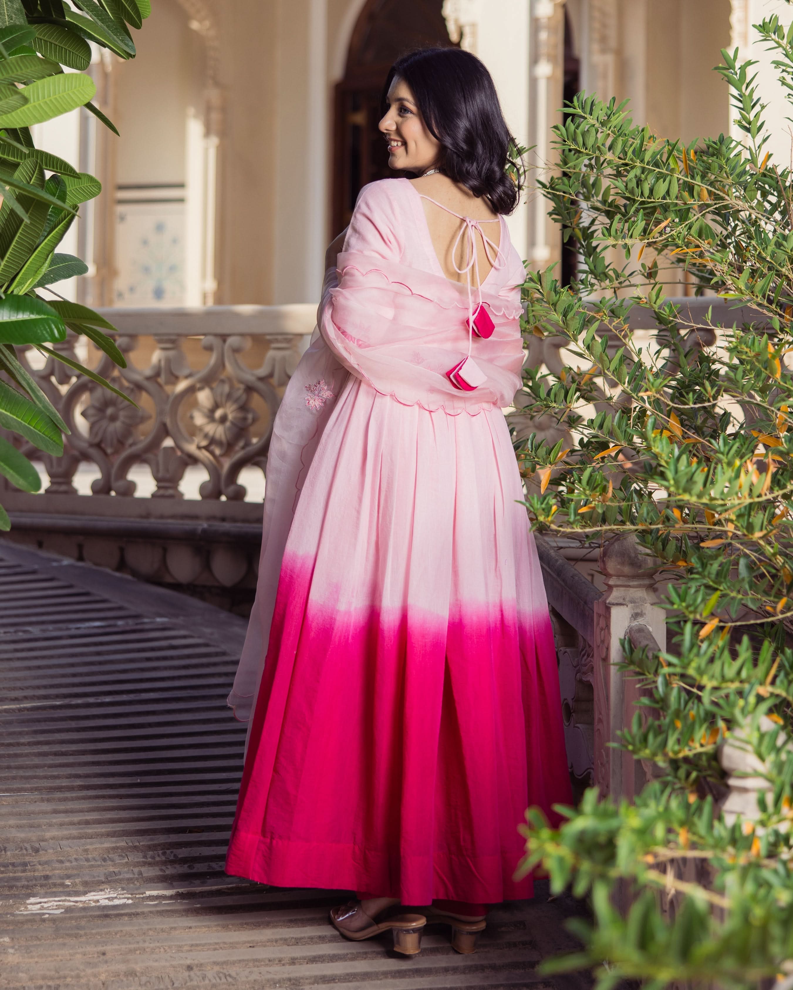 Sweetheart Pink Ombre Embroidered Chanderi Suit Set - Image 7