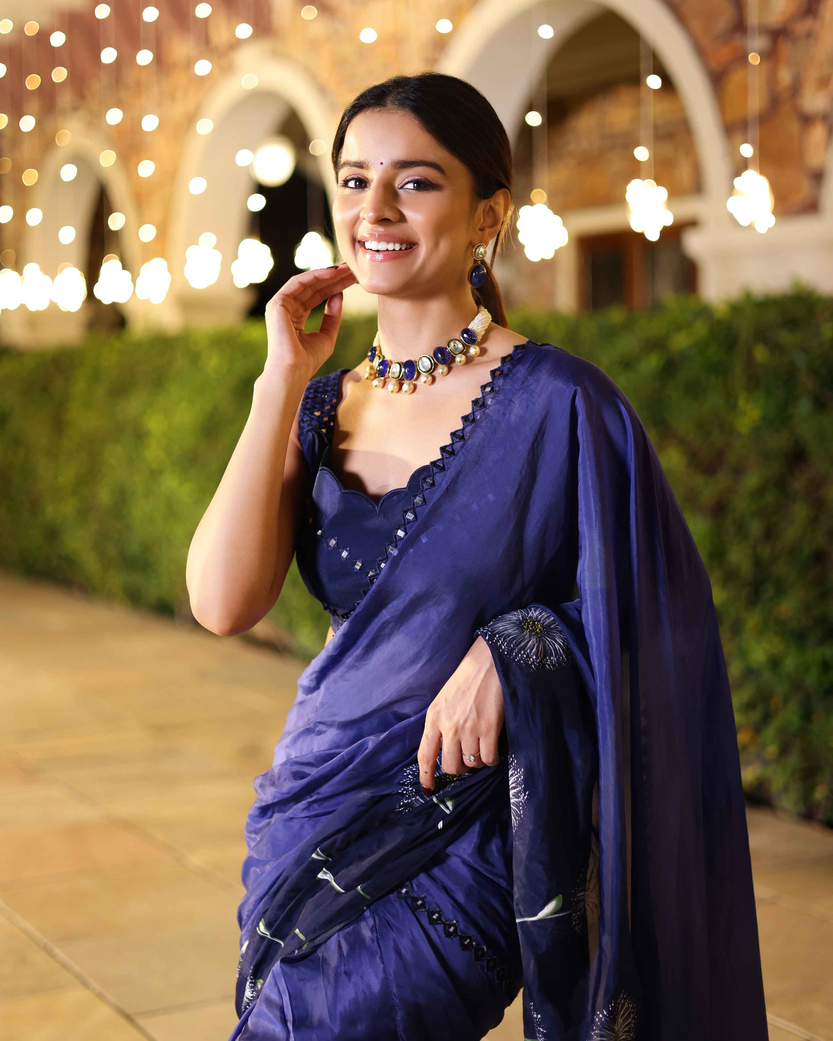 Swish Blue Ombre Mirror Work Handpainted Silk Pre Draped Saree - Image 2