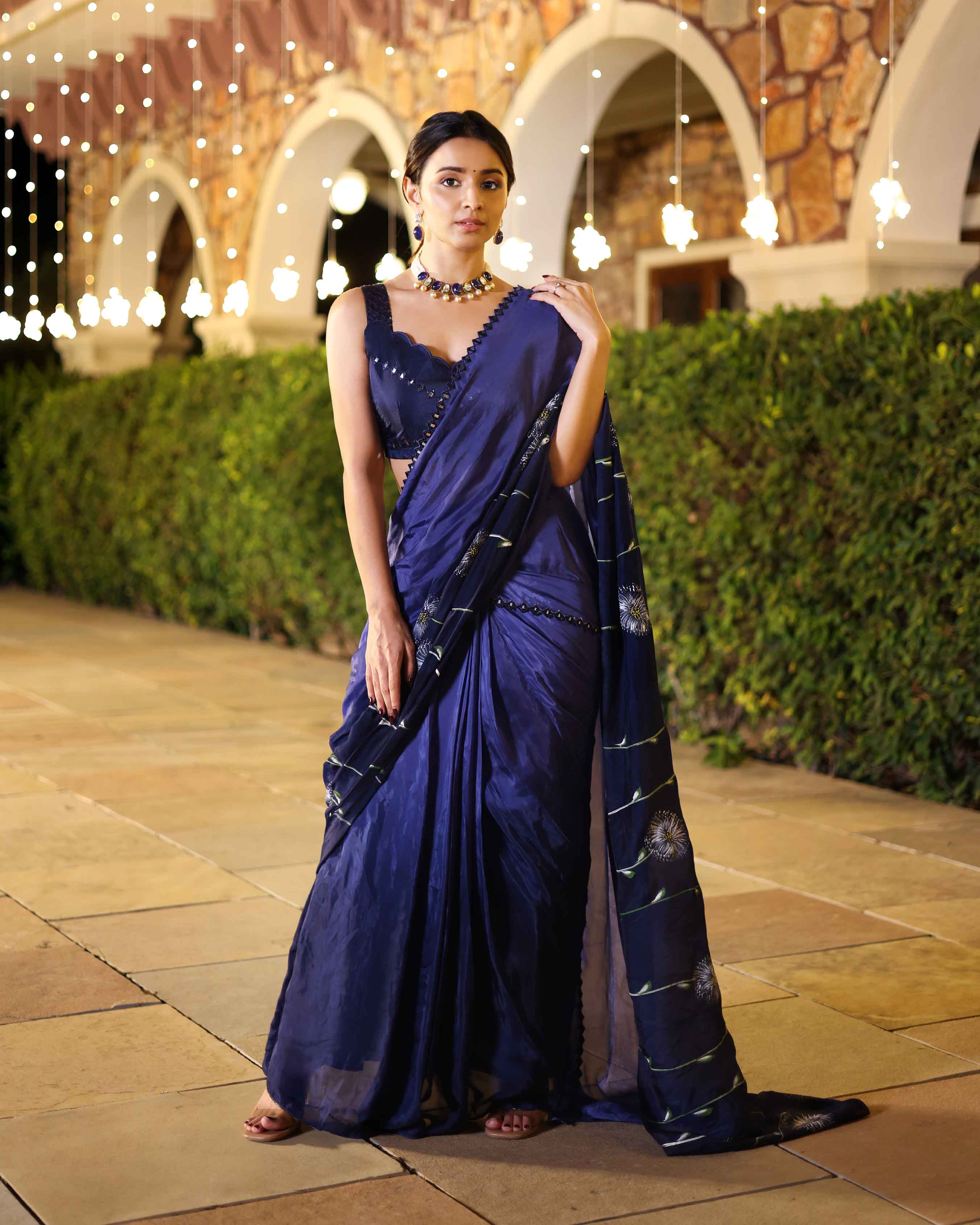 Swish Blue Ombre Mirror Work Handpainted Silk Pre Draped Saree - Image 3
