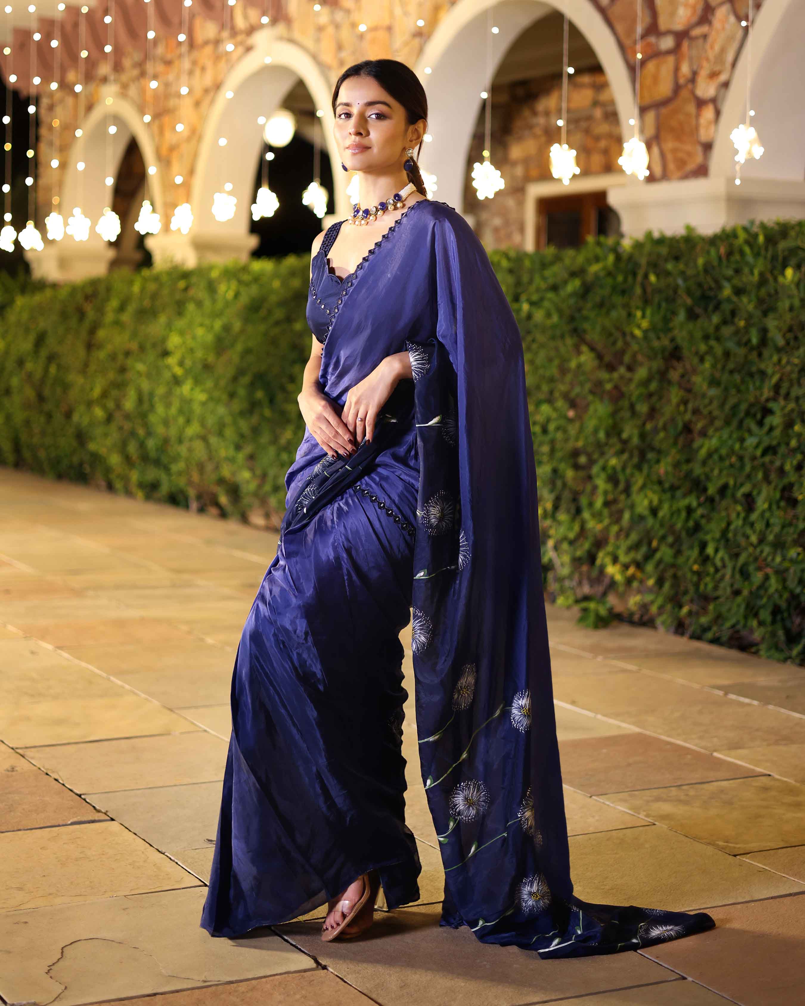 Swish Blue Ombre Mirror Work Handpainted Silk Pre Draped Saree - Image 4
