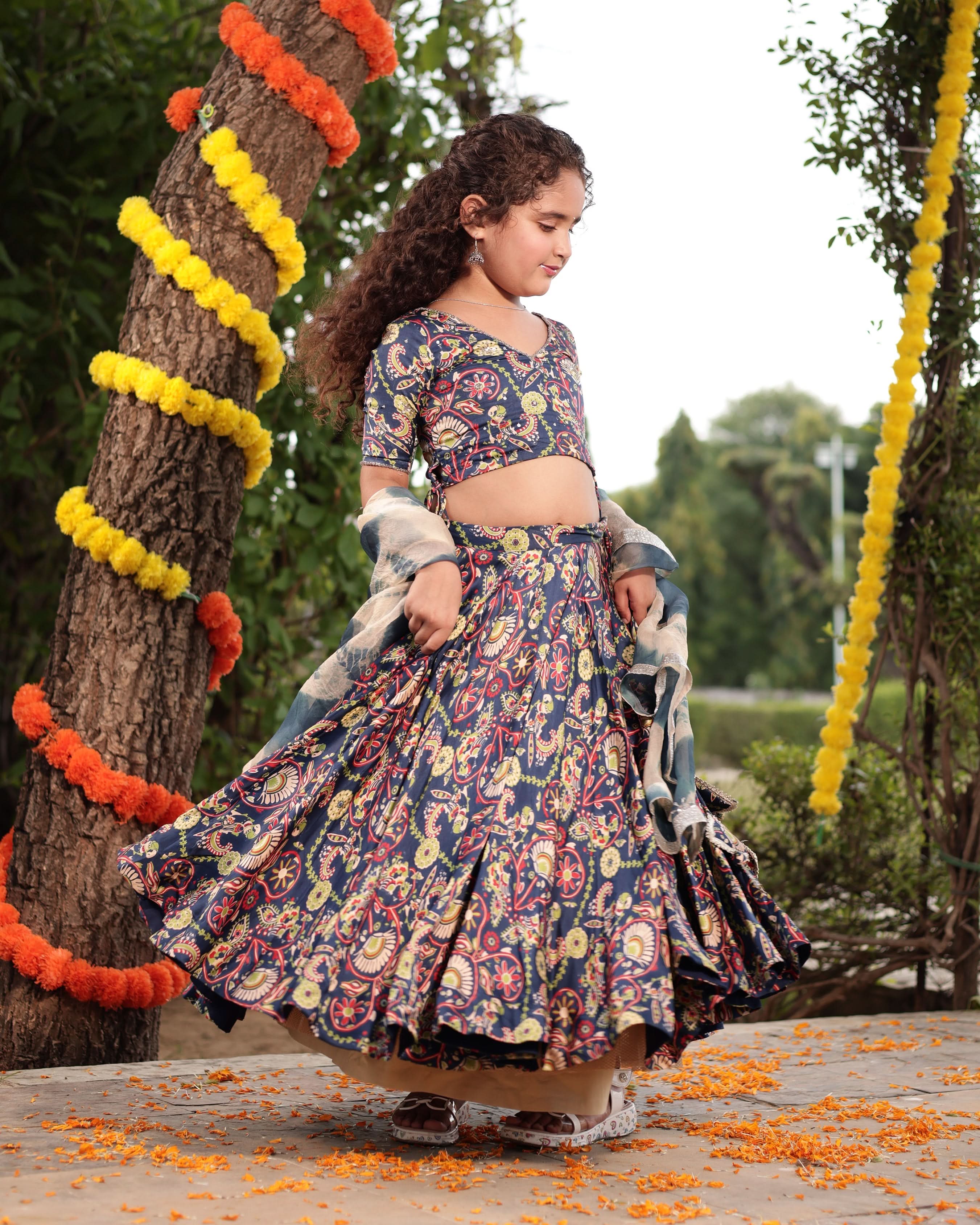 Taffy Blue Printed Embroidered Satin Lehenga Set - Image 3