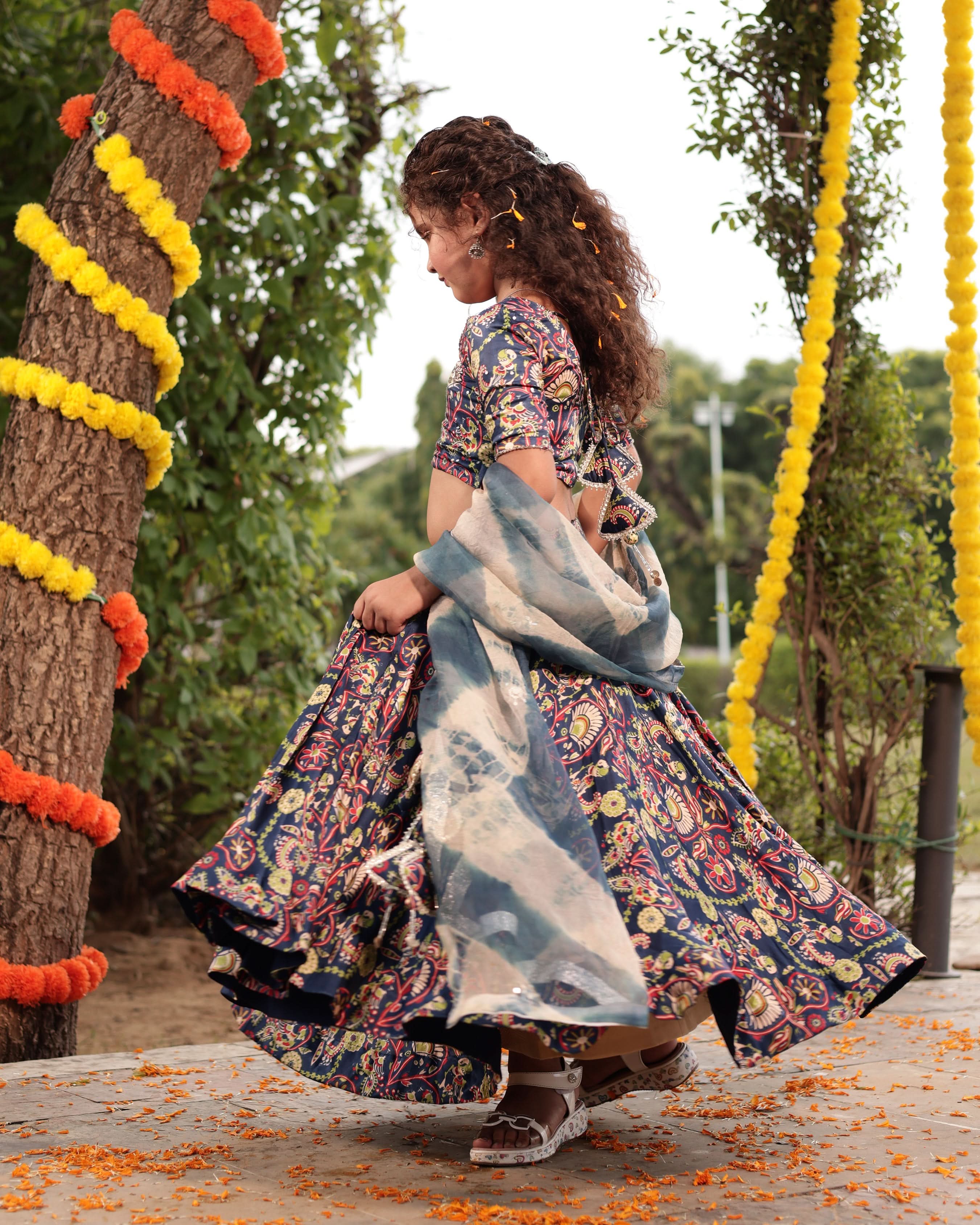 Taffy Blue Printed Embroidered Satin Lehenga Set - Image 6