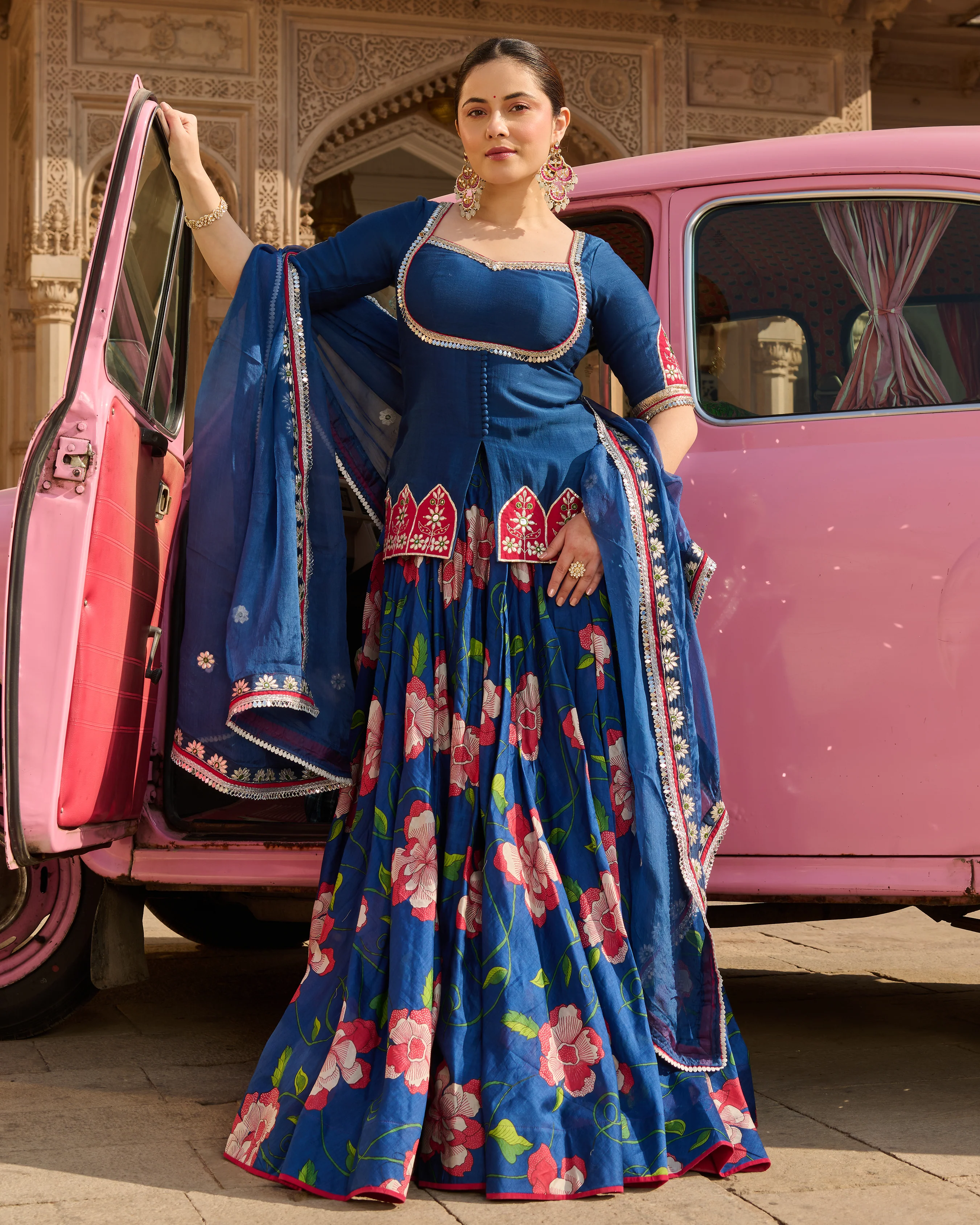 Taj Blue Printed Chanderi Lehenga Set - Image 3