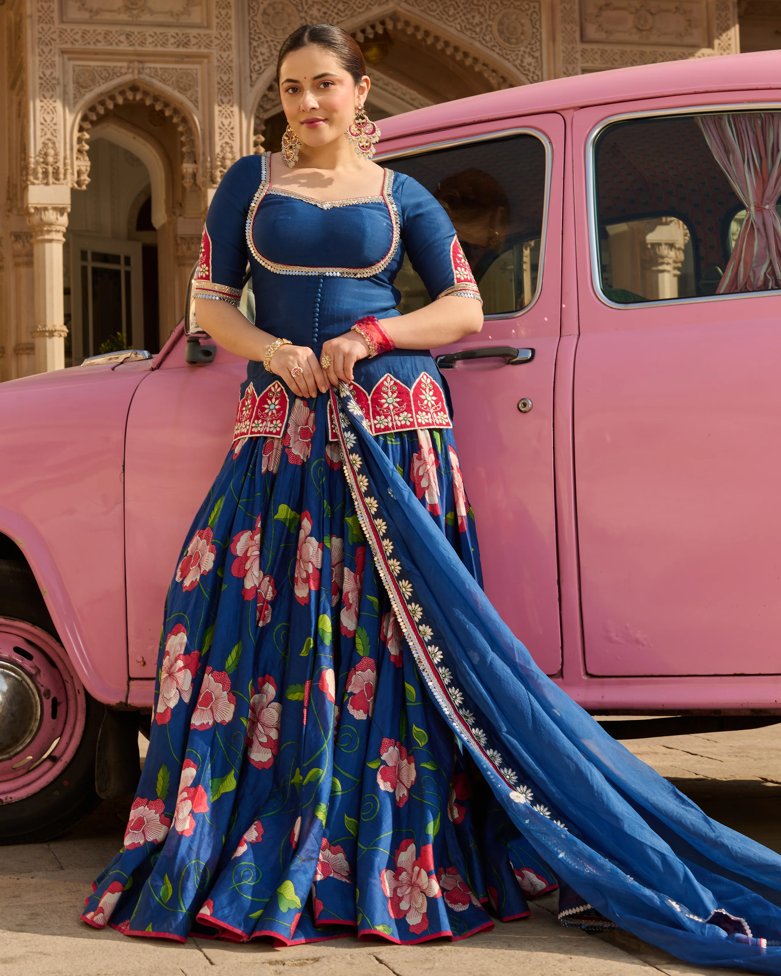 Taj Blue Printed Chanderi Lehenga Set - Image 4