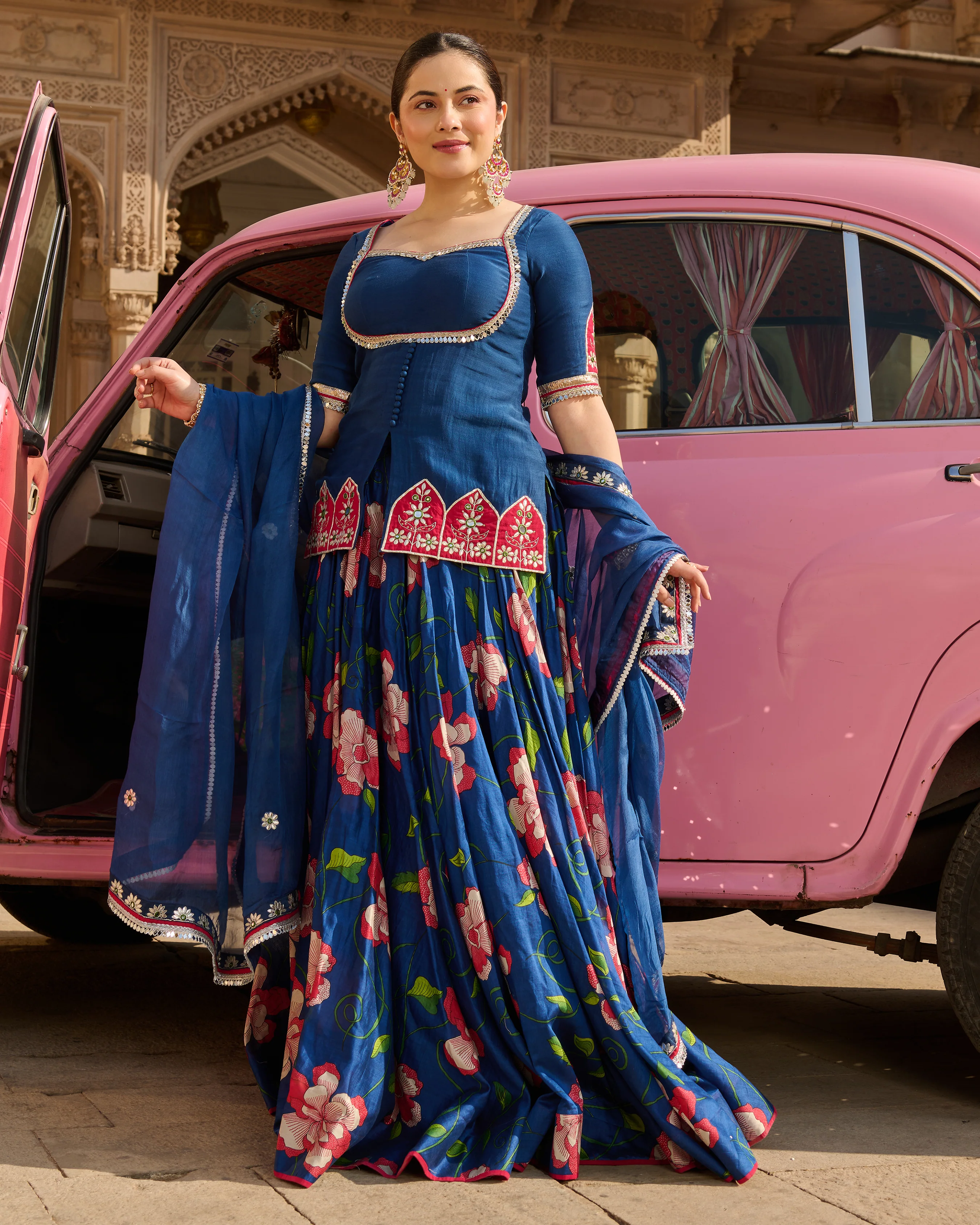 Taj Blue Printed Chanderi Lehenga Set - Image 5