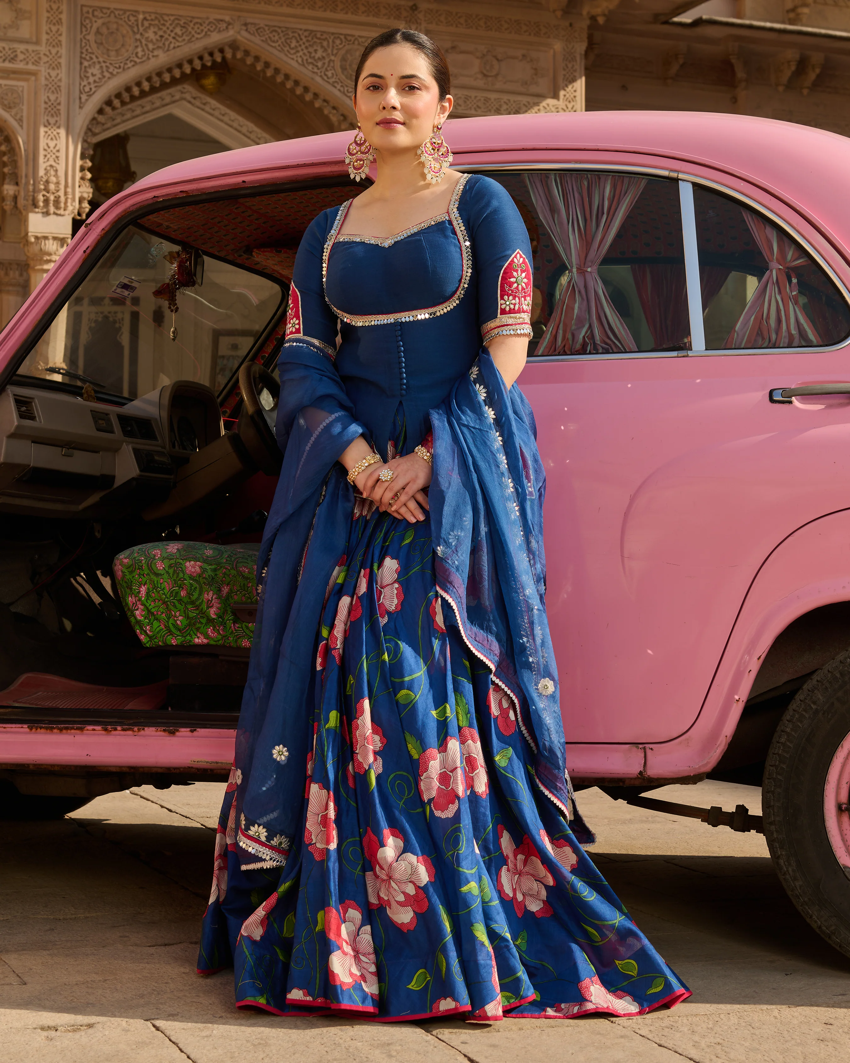 Taj Blue Printed Chanderi Lehenga Set - Image 7