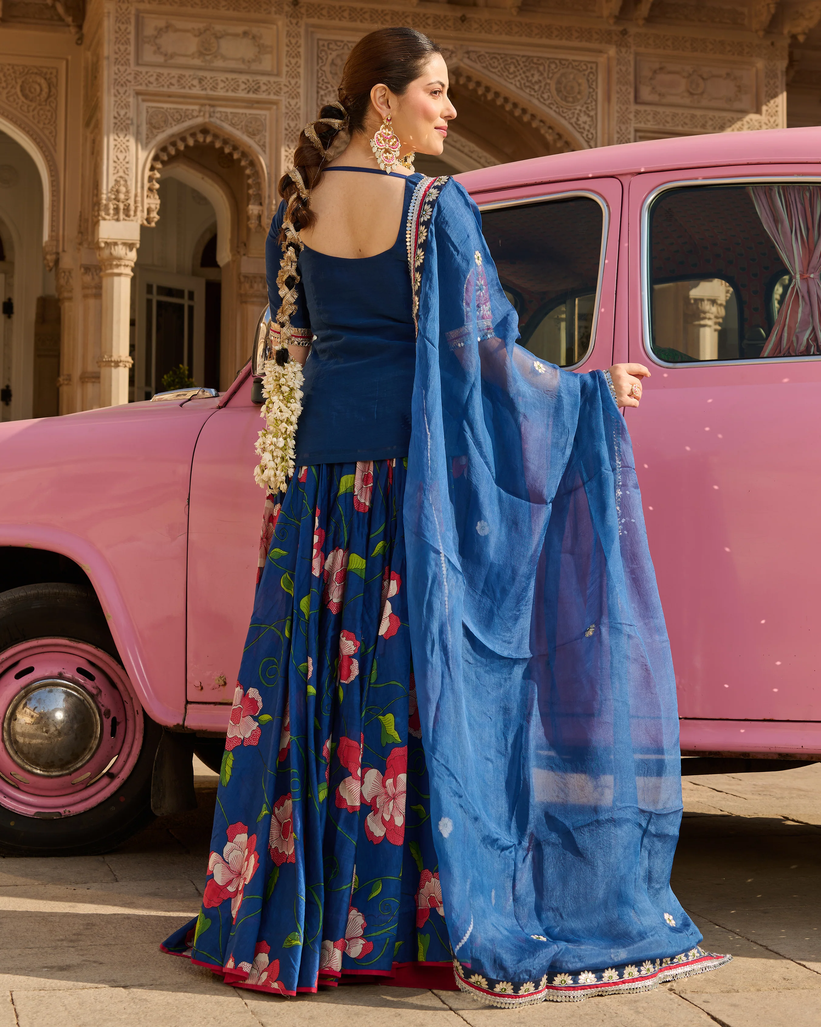 Taj Blue Printed Chanderi Lehenga Set - Image 9