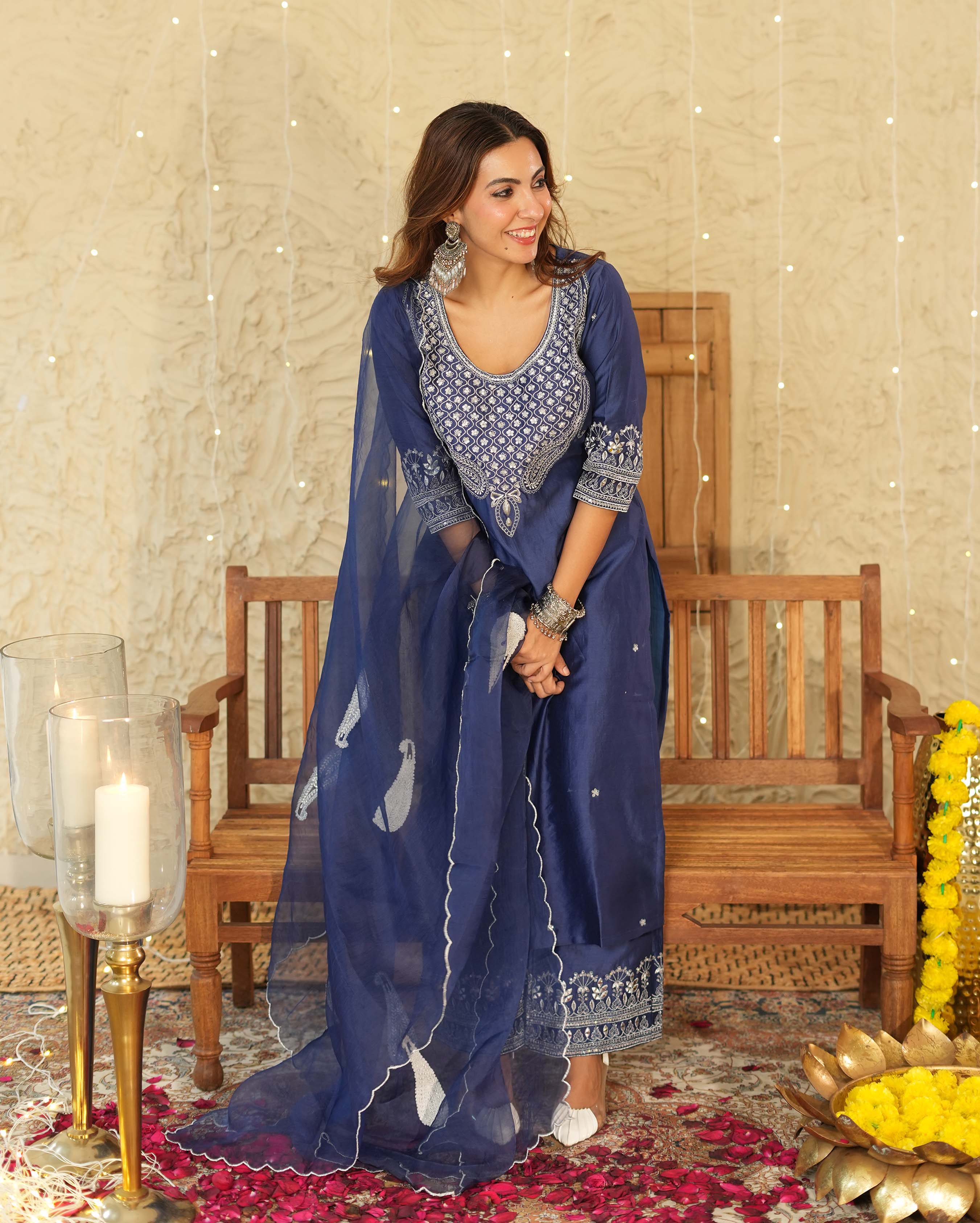 Tejaswi Blue Embroidered Chanderi Suit Set - Image 2