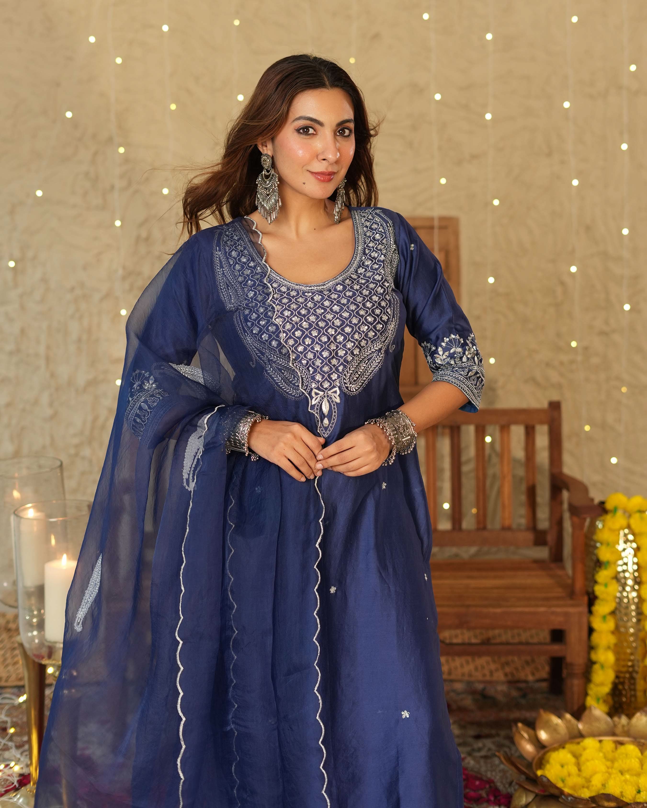 Tejaswi Blue Embroidered Chanderi Suit Set - Image 4