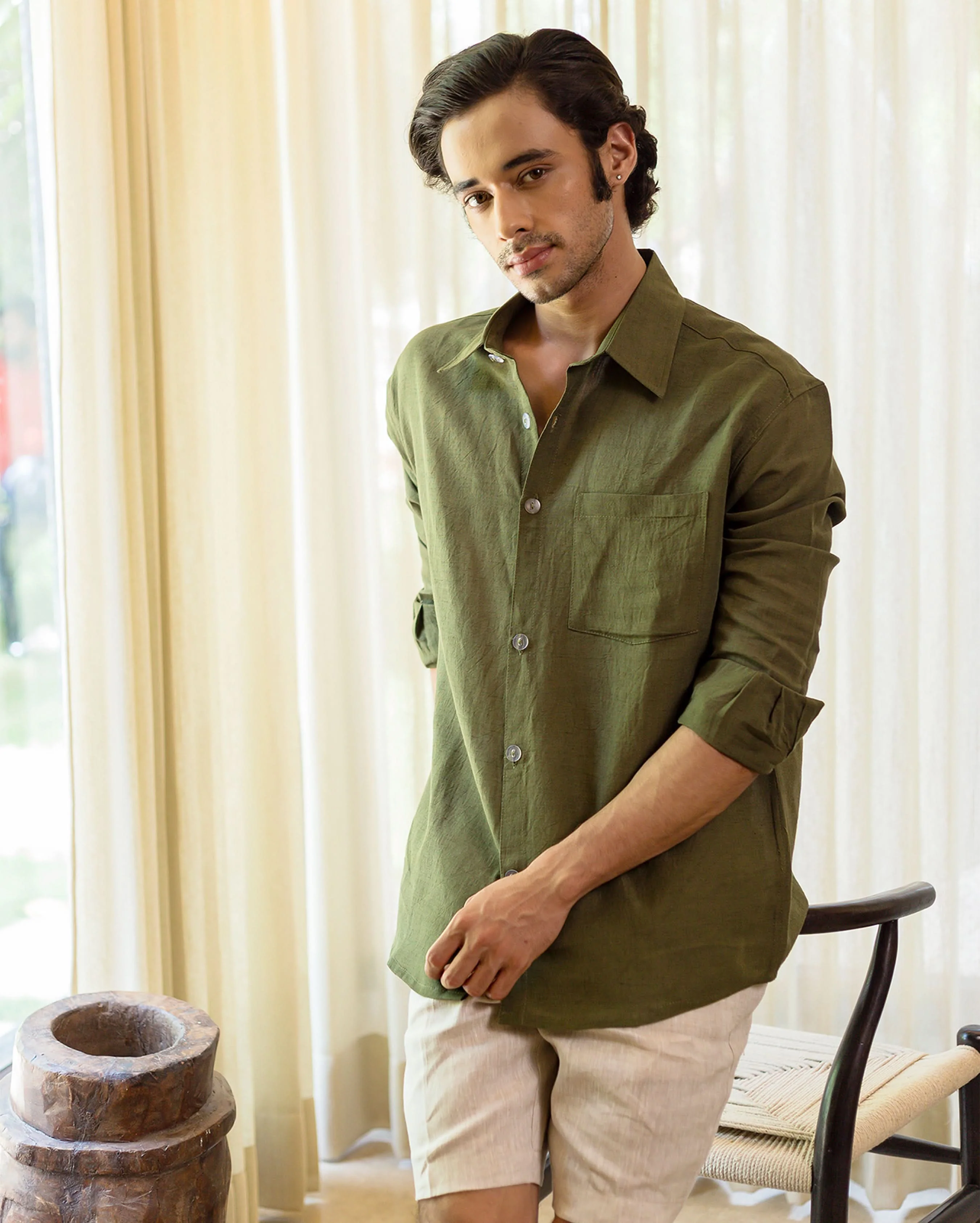 Tessa Olive Linen Solid Shirt - Image 3