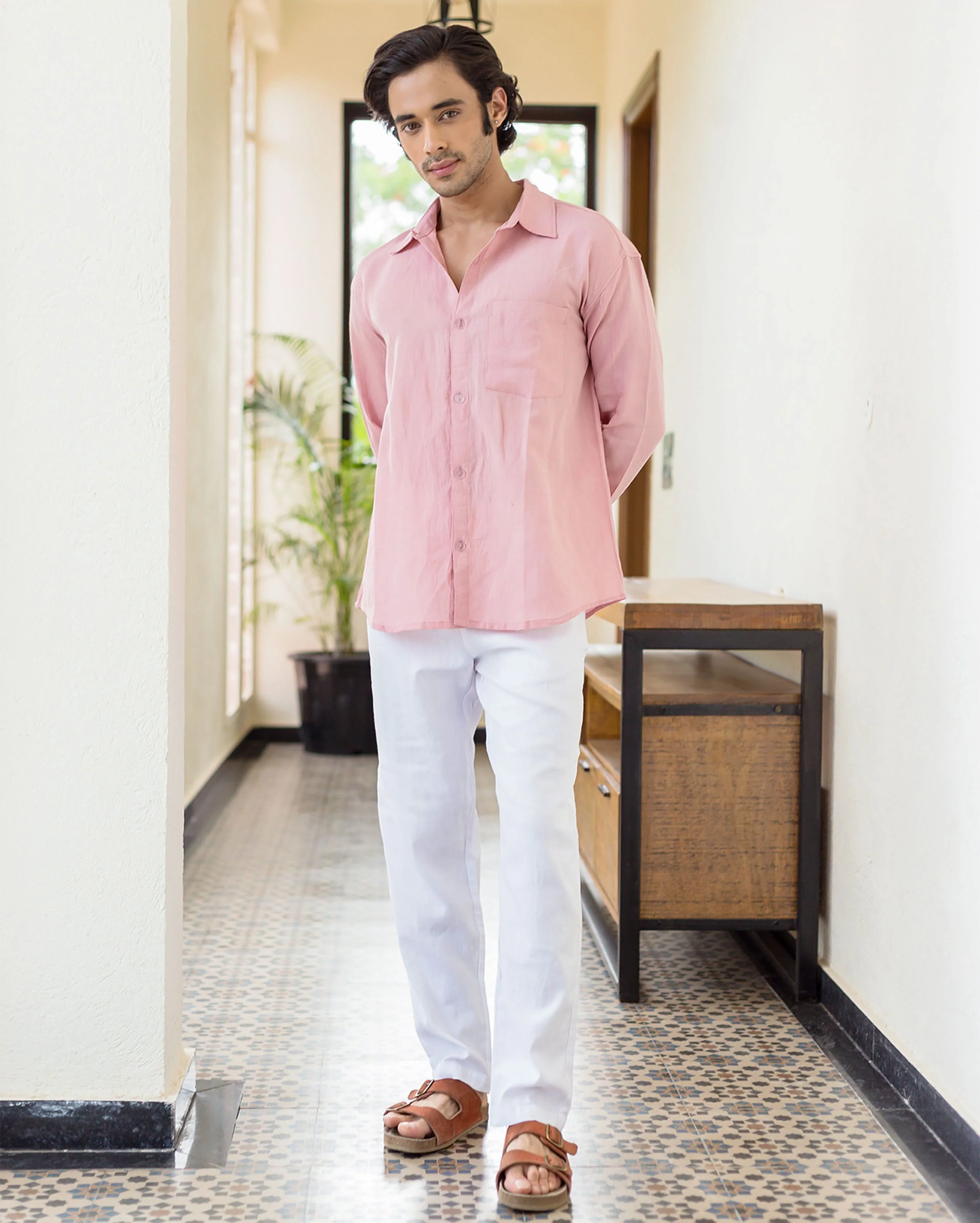 Theo Nude Pink Linen Solid Shirt - Image 2