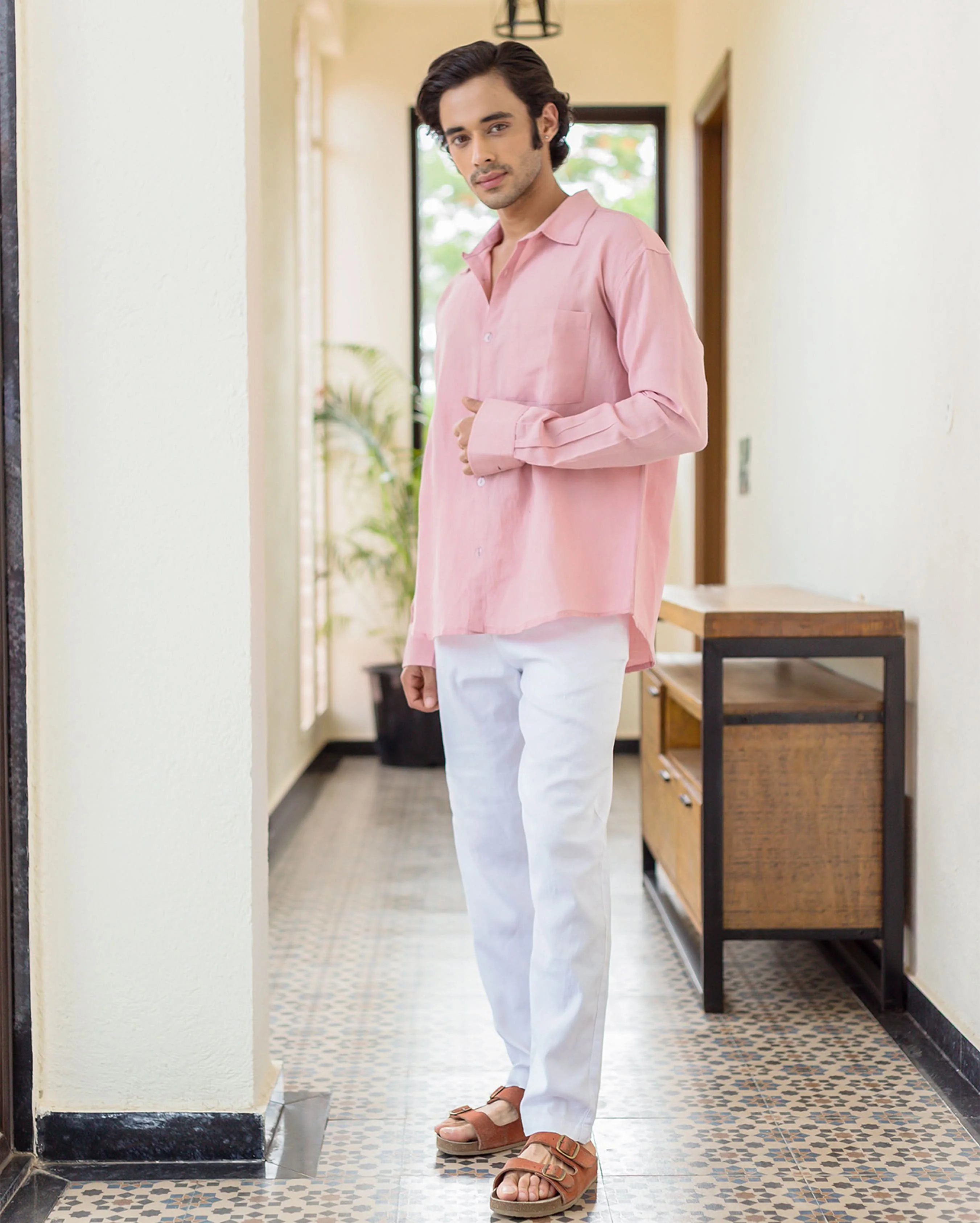 Theo Nude Pink Linen Solid Shirt - Image 3